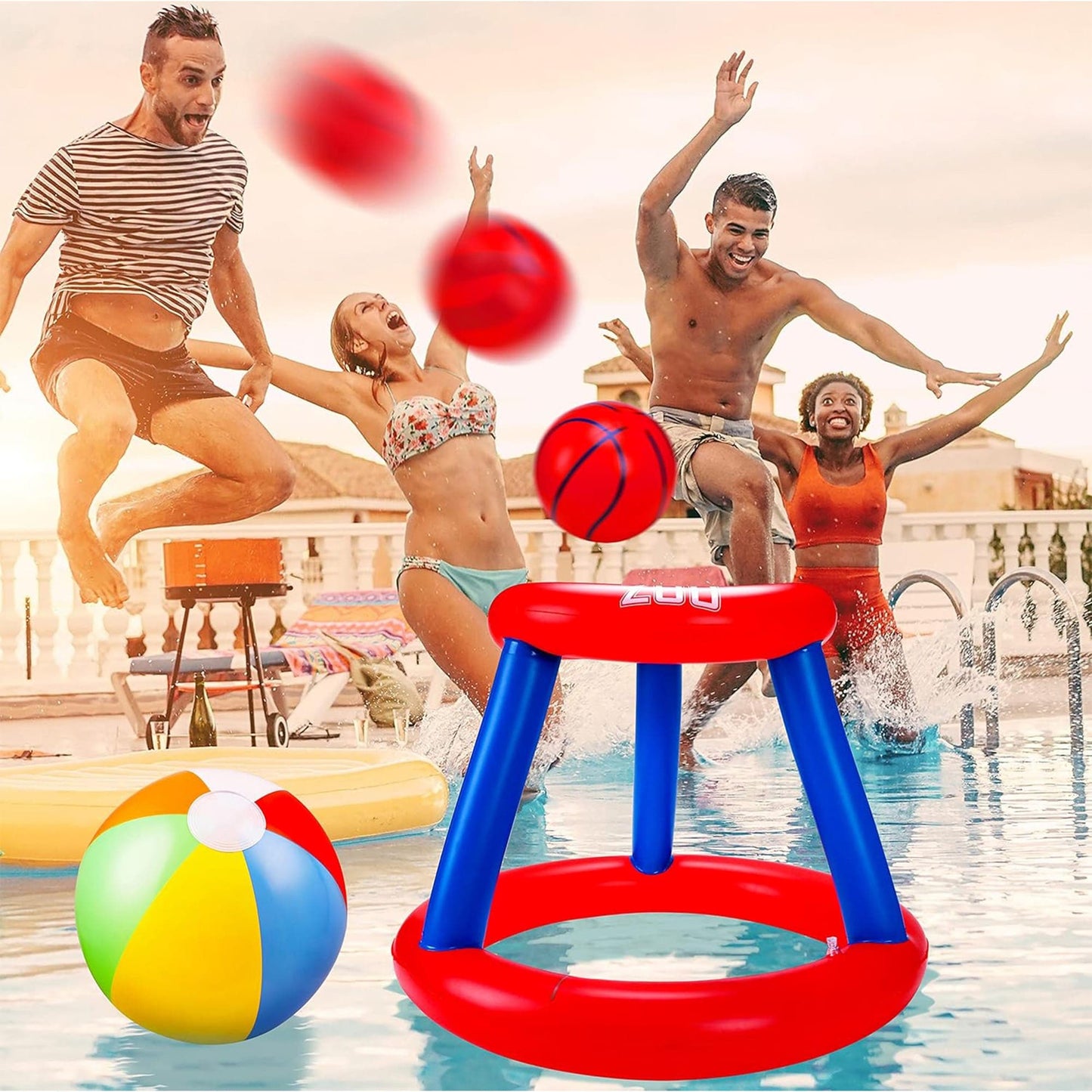 Set 3 in 1 Jocuri Gonflabile pentru Piscina – Cos Baschet Plutitor, Aruncare Inele si Minge de Plaja 30 cm, Ideal pentru Copii si Adulti, 6 Piese, Multicolor