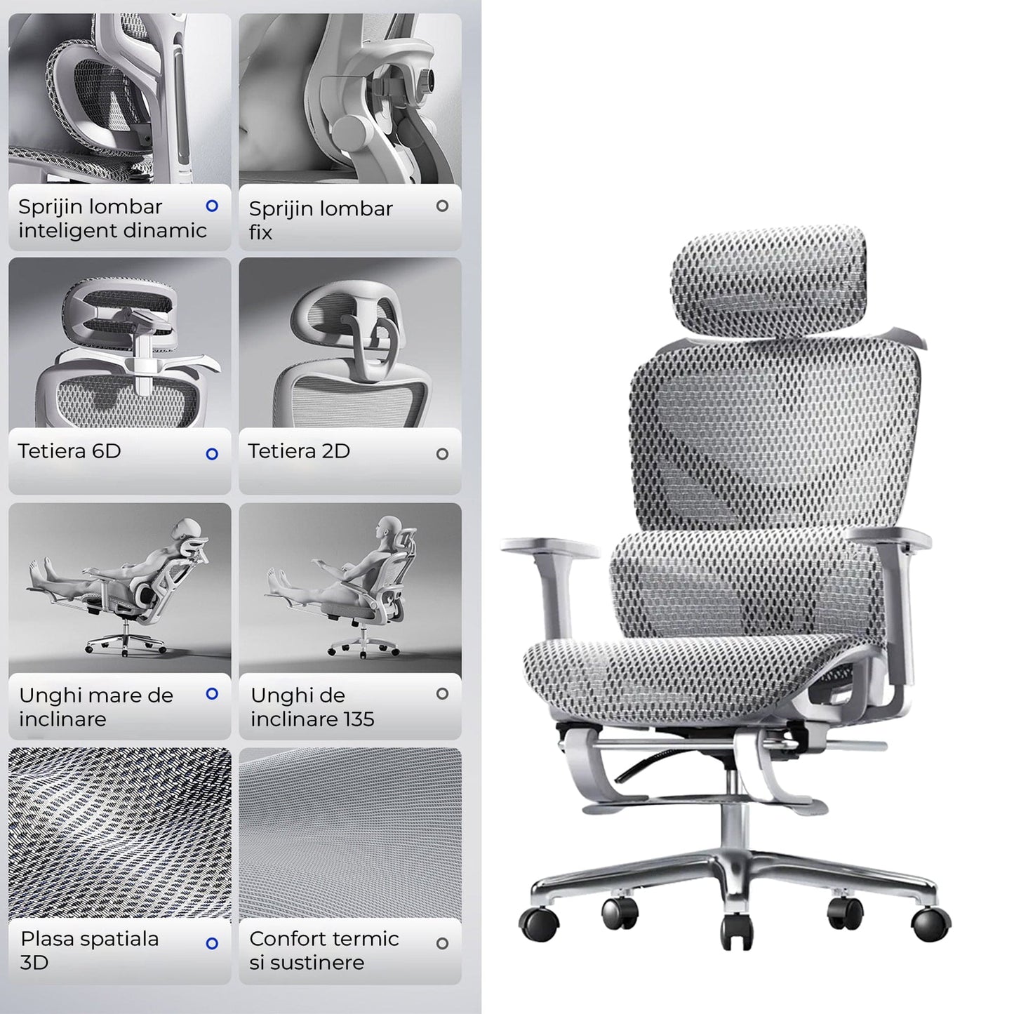 Scaun birou ergonomic Timebox, Plasa mesh respirabil, Tetiera, 4D armrest, Reglaj inaltime si adancime sezut, Suport picioare rabatabil, Spatar cu suport lombar ajustabil, Rotativ cu roti, Gri