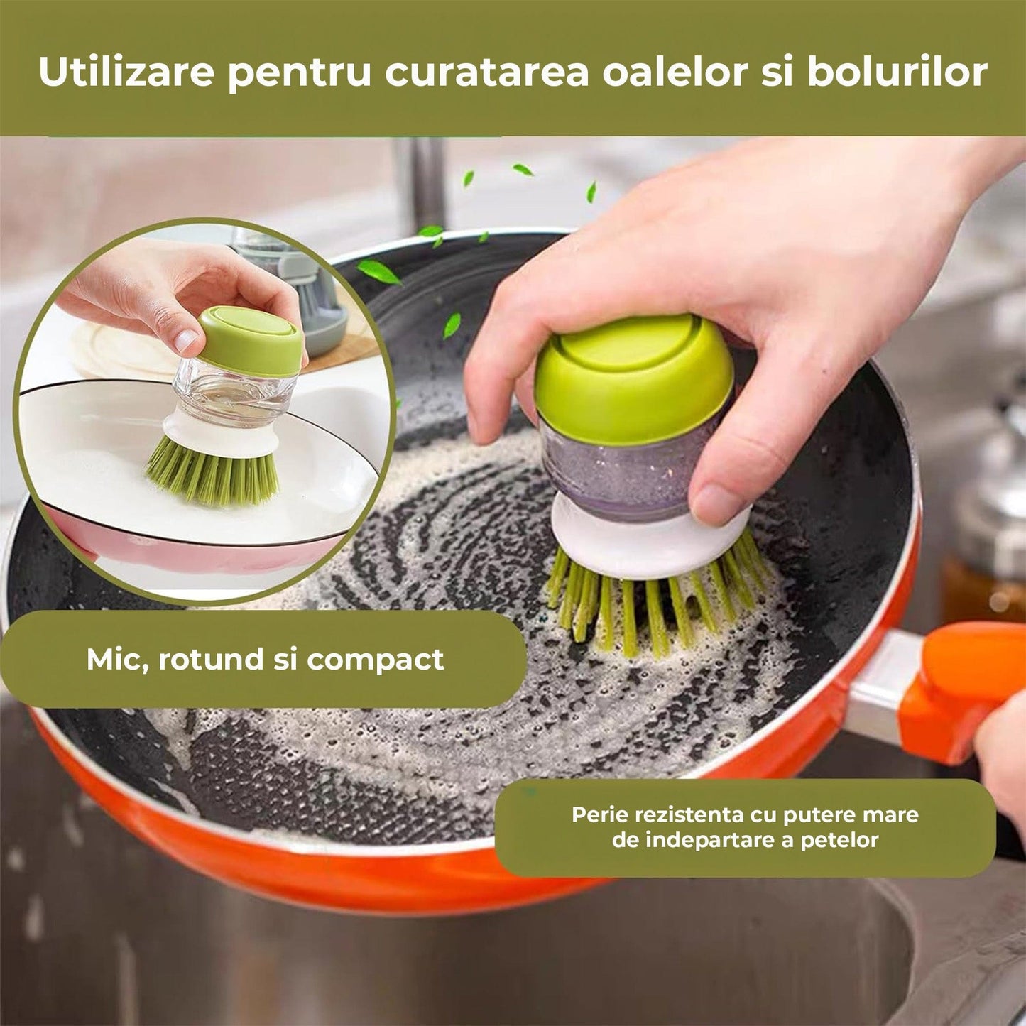 Dispenser Detergent cu Perie si Suport de Scurgere – Set Compact pentru Curatarea Vaselor si Chiuvetei, Dozare Automata, Design Modular cu Cap Reutilizabil si Rezerva, Gri