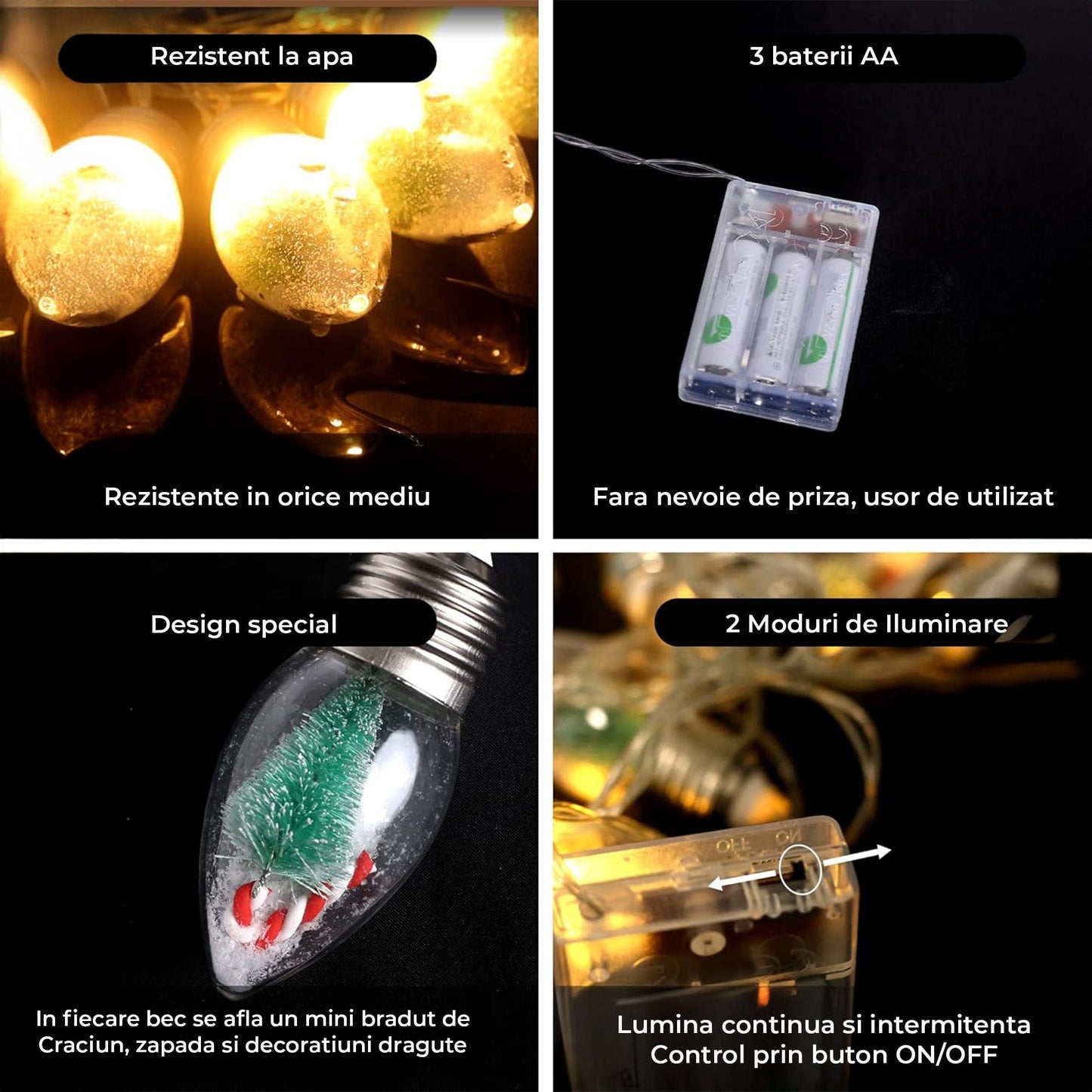 Instalatie Craciun, 2m, 10 becuri LED Snow Globe, Decor cu braduti si zapada, Acril rezistent, 2 moduri lumina, Alimentare pe baterii AA, Interior/exterior