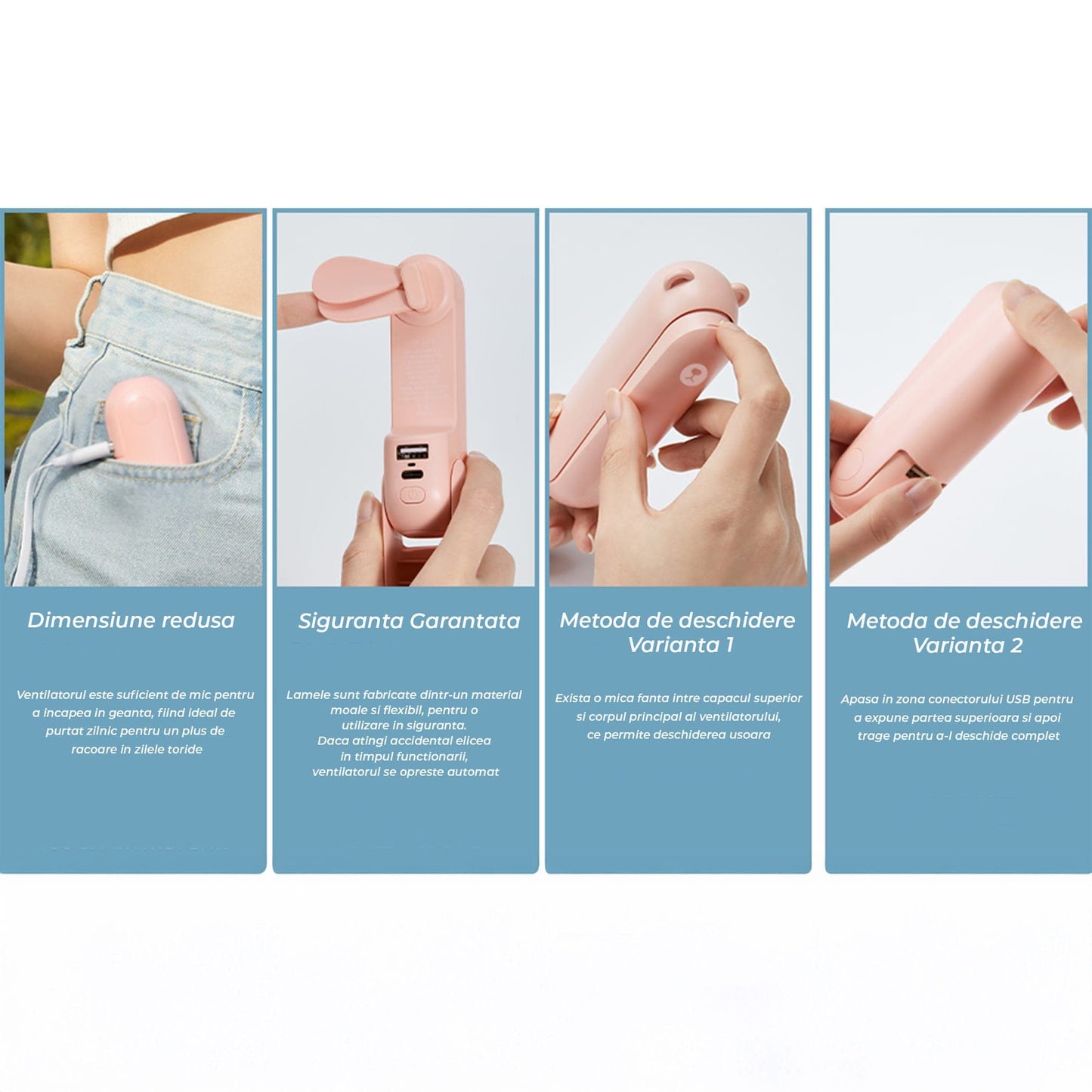 Mini Ventilator Portabil 3 in 1 – Reincarcabil USB, cu Power Bank si Lanterna, Design Compact pentru Calatorii, Vara, Concerte sau Birou, Autonomie 12–19 Ore, Roz
