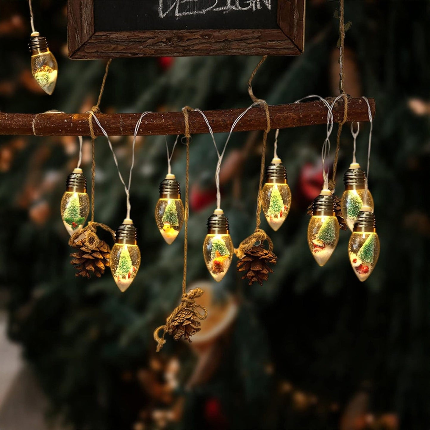 Instalatie Craciun, 2m, 10 becuri LED Snow Globe, Decor cu braduti si zapada, Acril rezistent, 2 moduri lumina, Alimentare pe baterii AA, Interior/exterior