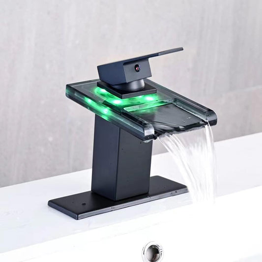 Baterie Chiuveta Baie cu LED si Efect de Cascada – Gura din Sticla, Schimbare Culoare in Functie de Temperatura Apei, Monocomanda, Montaj 1-3 Orificii, Pop-Up Metalic Inclus, Economie de Apa si Design Elegant, Negru Mat