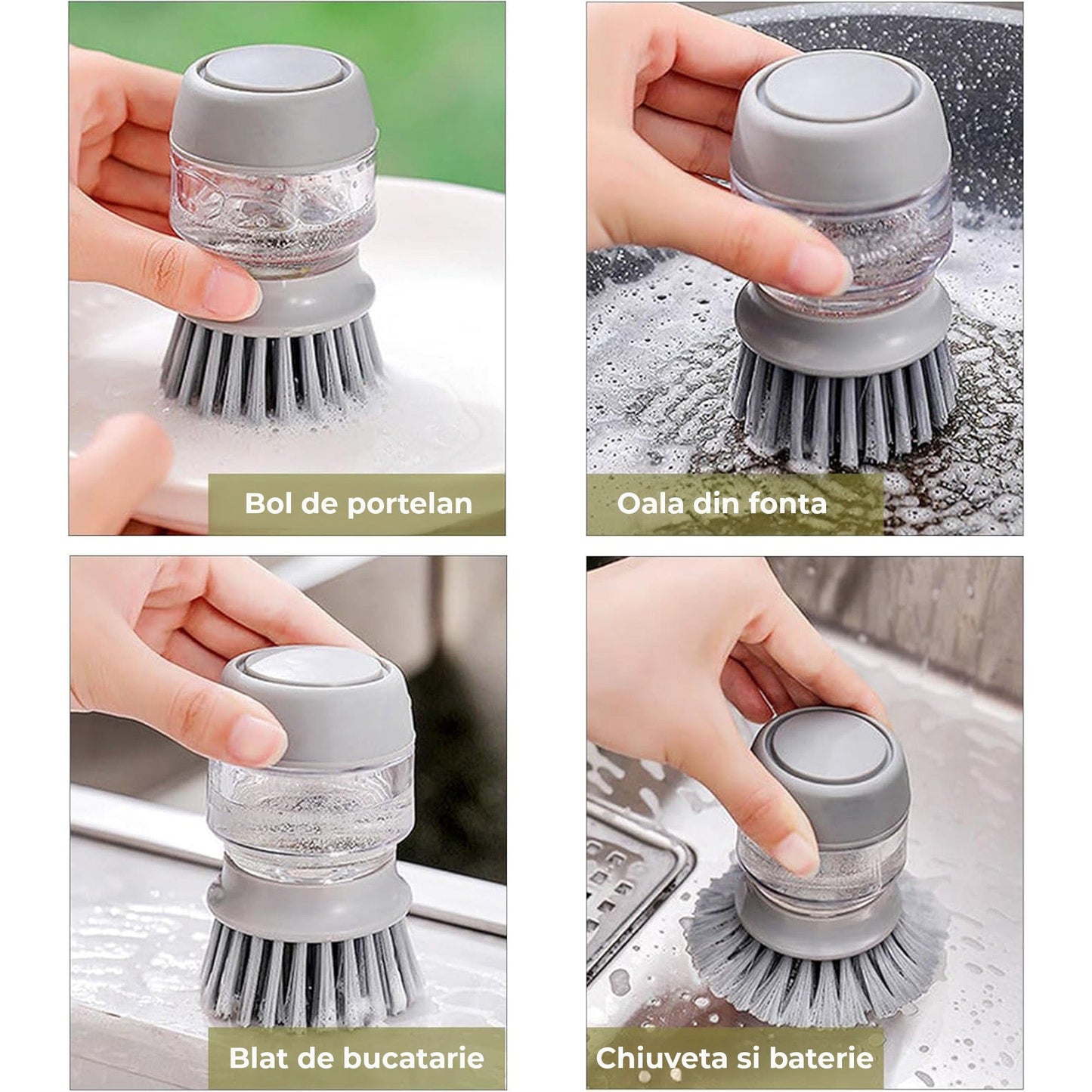 Dispenser Detergent cu Perie si Suport de Scurgere – Set Compact pentru Curatarea Vaselor si Chiuvetei, Dozare Automata, Design Modular cu Cap Reutilizabil si Rezerva, Gri