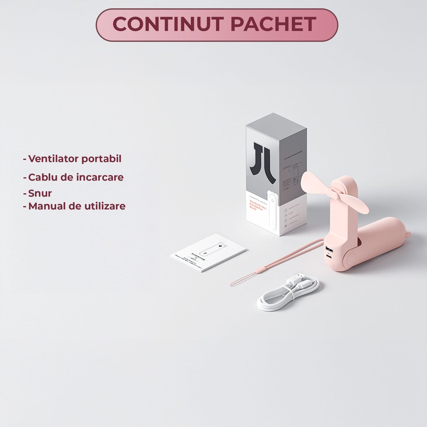 Mini Ventilator Portabil 3 in 1 – Reincarcabil USB, cu Power Bank si Lanterna, Design Compact pentru Calatorii, Vara, Concerte sau Birou, Autonomie 12–19 Ore, Roz
