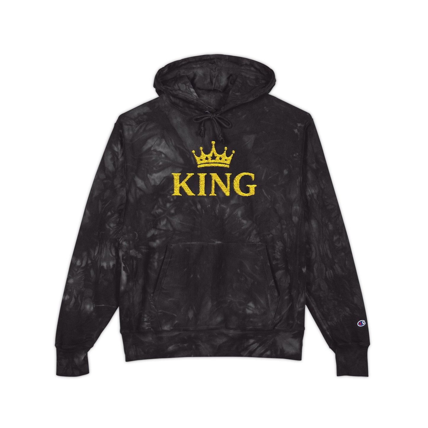 King Embroidered Hoodie — Black Tie-Dye Champion Style