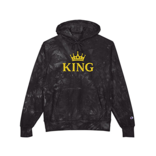 King Embroidered Hoodie — Black Tie-Dye Champion Style