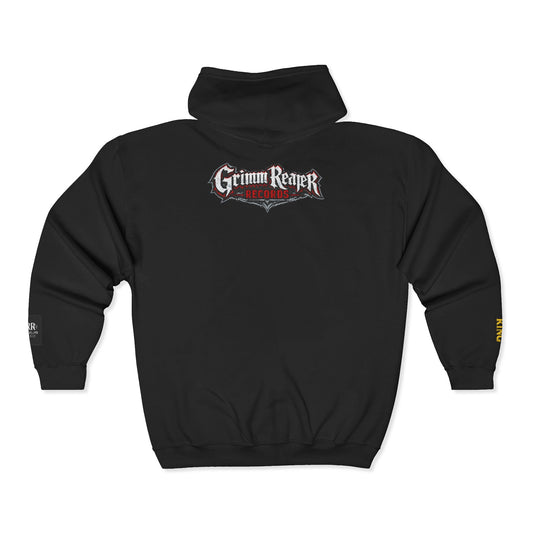 Grimm Reaper Records Zip Hoodie — Vintage Band Logo Full‑Zip Sweatshirt
