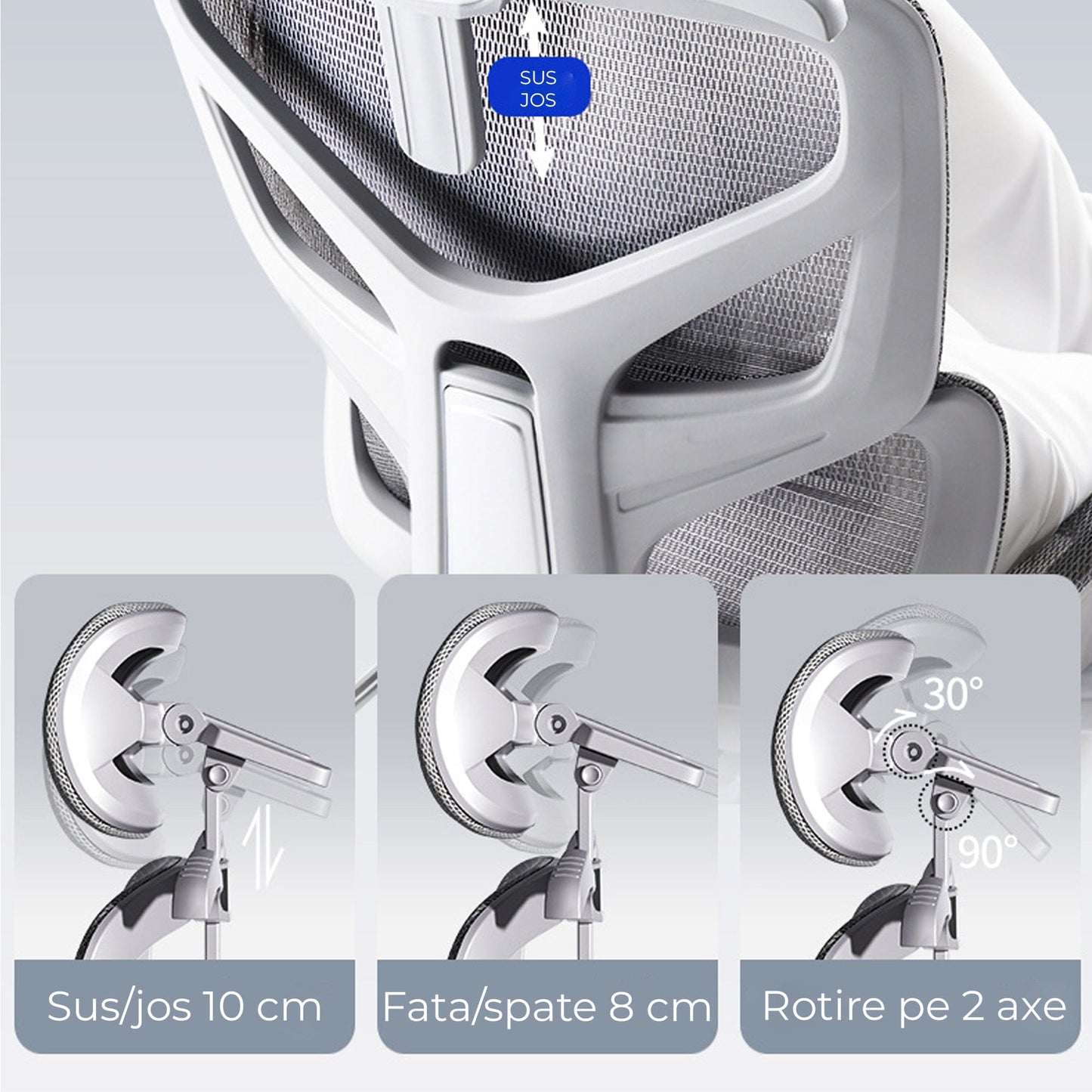 Scaun birou ergonomic Timebox, Plasa mesh respirabil, Tetiera, 4D armrest, Reglaj inaltime si adancime sezut, Suport picioare rabatabil, Spatar cu suport lombar ajustabil, Rotativ cu roti, Gri