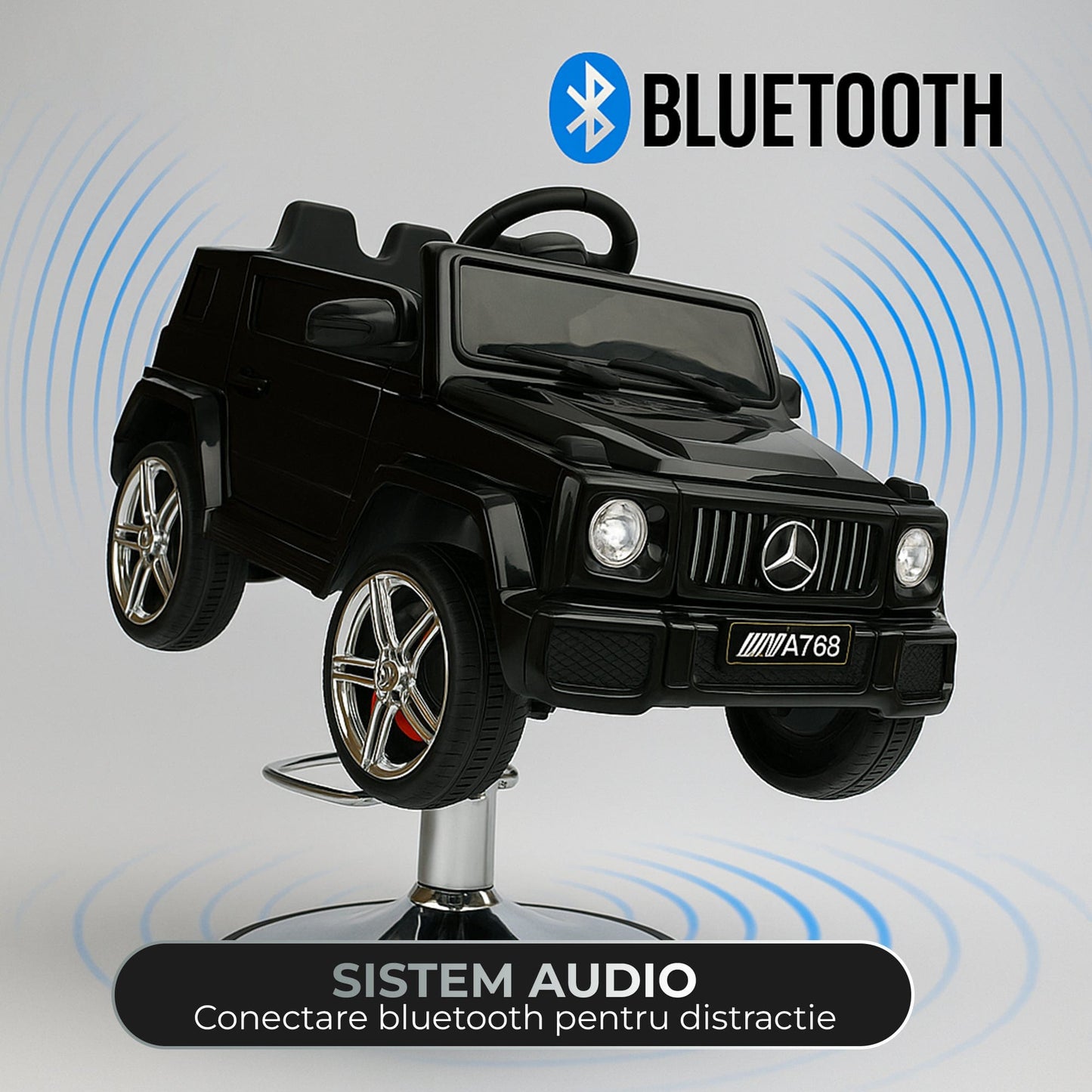 Scaun auto de tuns copii model G-Class – Scaun interactiv cu Bluetooth, Centura de siguranta si Reglaj pe inaltime, Baza metalica, Experienta premium pentru saloane si frizerii, Negru
