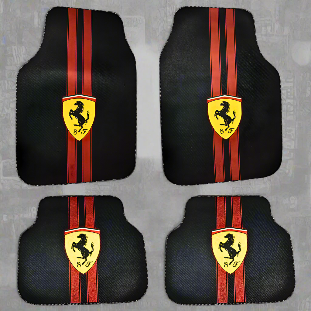 Covorașe auto universale DECOMAT – set 4 bucăți lavabile, antiderapante, cu imprimeu sport „Scuderia Style”