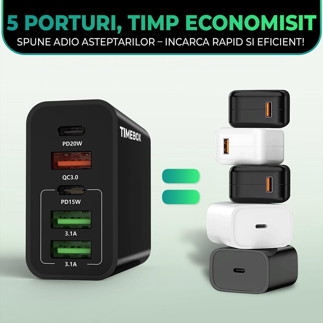 Incarcator Retea, 5 Porturi, 65W Fast Charge, 3 x USB, 2 x Type-C, Cablu de date inclus USB-C Negru, Universal, Negru