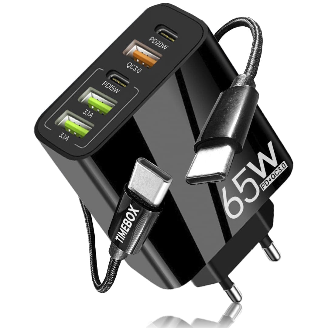 Incarcator Retea, 5 Porturi, 65W Fast Charge, 3 x USB, 2 x Type-C, Cablu de date inclus USB-C Negru, Universal, Negru