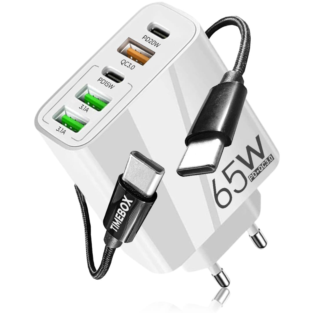 Incarcator Retea, 5 Porturi, 65W Fast Charge, 3 x USB, 2 x Type-C, Cablu de date inclus USB-C Negru, Universal, Alb
