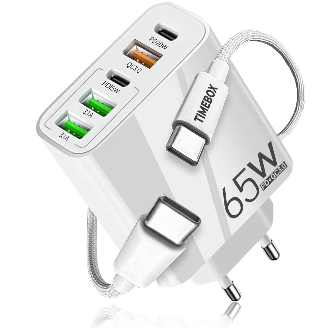 Incarcator Retea, 5 Porturi, 65W Fast Charge, 3 x USB, 2 x Type-C, Cablu de date inclus USB-C, Universal Compatibil iPhone, Huawei, Samsung, Xiaomi, Alb