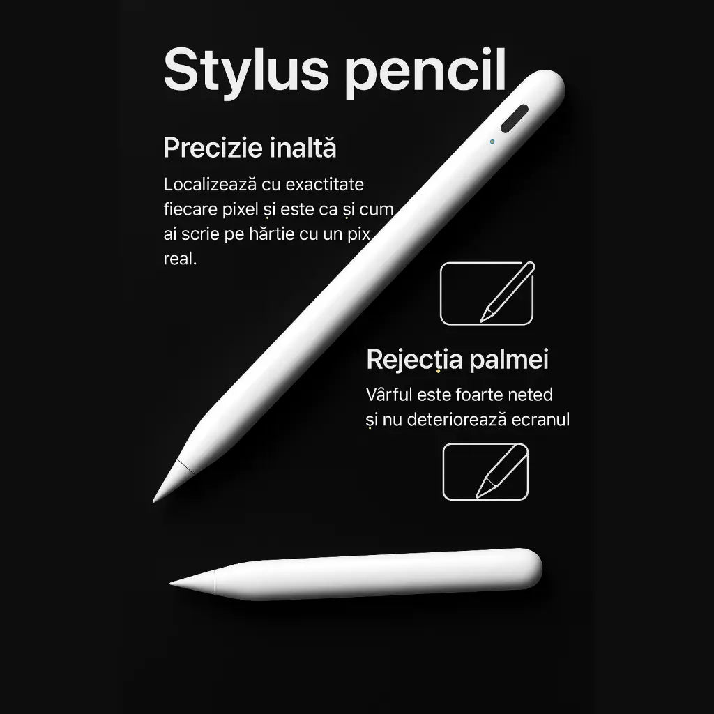 Stilou pentru iPad Apple 2018-2025, Stylus Pencil Profesional, Palm Rejection, Tilt, Magnetic, USB-C, Penite Anti-Zgarieturi, Fast Charge, Aluminiu, Set Penite Schimb Inclus