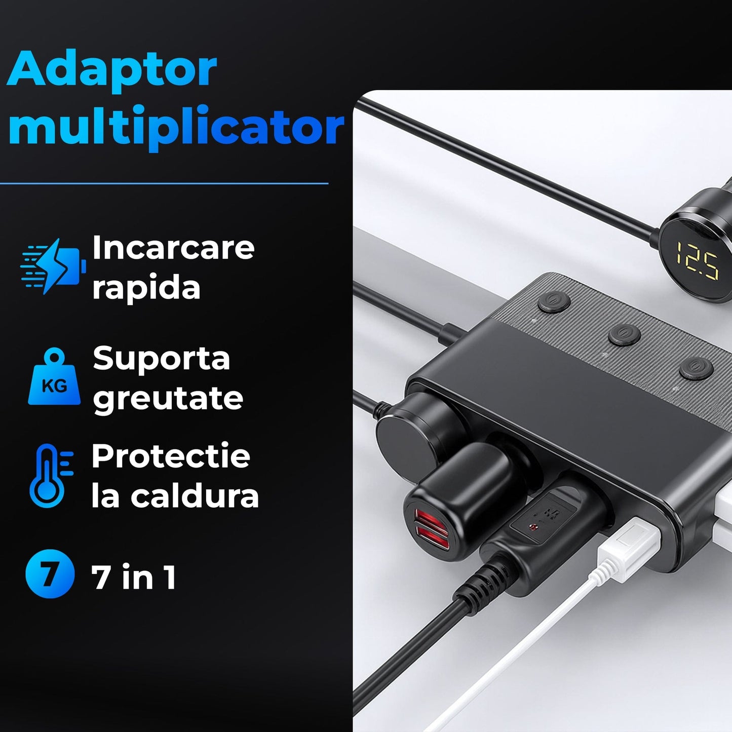 Adaptor priza Timebox, incarcator auto 7 in 1 multiplicator 128W, 3x soclu auto, 3 x USB, Q,C 3,0, 1 x USB-C, afisaj display voltaj, Negru