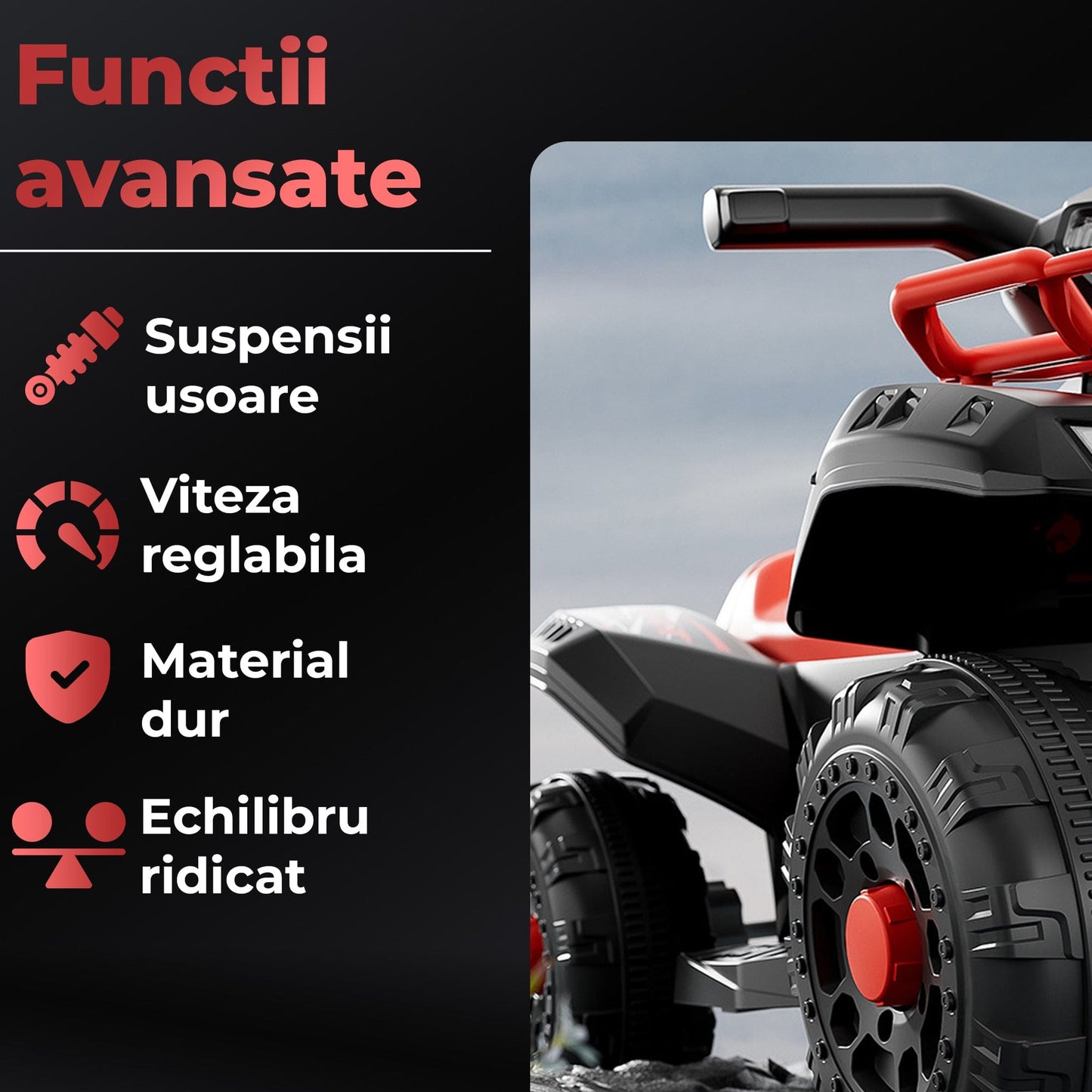 ATV electric copii 1–6 ani, Model off-road cu 4 roti si Viteza reglabila, Motor dublu Constructie stabila,Ausoara de folosit in curte sau parc, Rosu