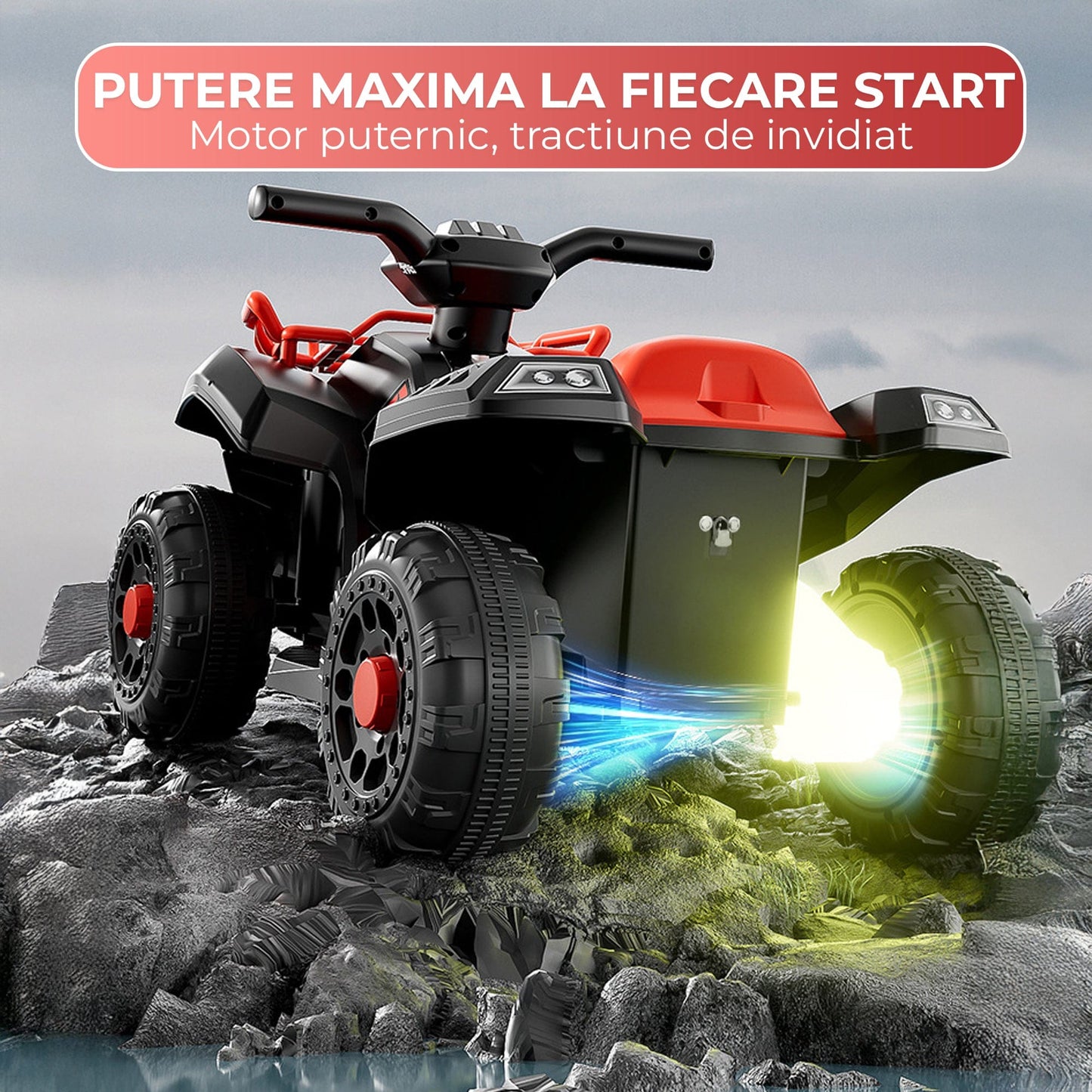 ATV electric copii 1–6 ani, Model off-road cu 4 roti si Viteza reglabila, Motor dublu Constructie stabila,Ausoara de folosit in curte sau parc, Rosu