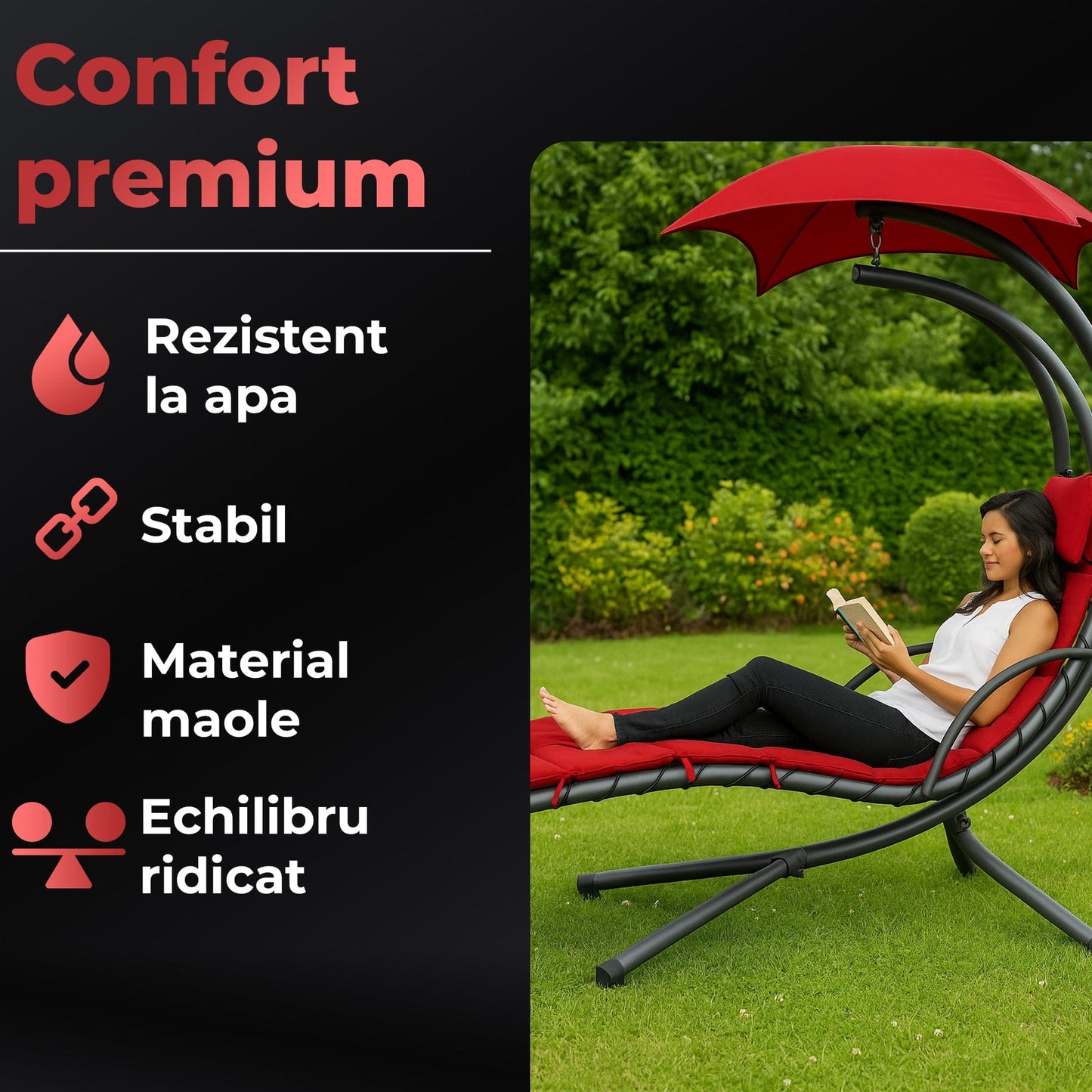 Balansoar tip Sezlong Suspendat de Exterior cu Copertina– Perna Ergonomica, Copertina Detasabila si Design Zero Gravity, Rezistent la UV si Intemperii, Material Rezistent, Rosu