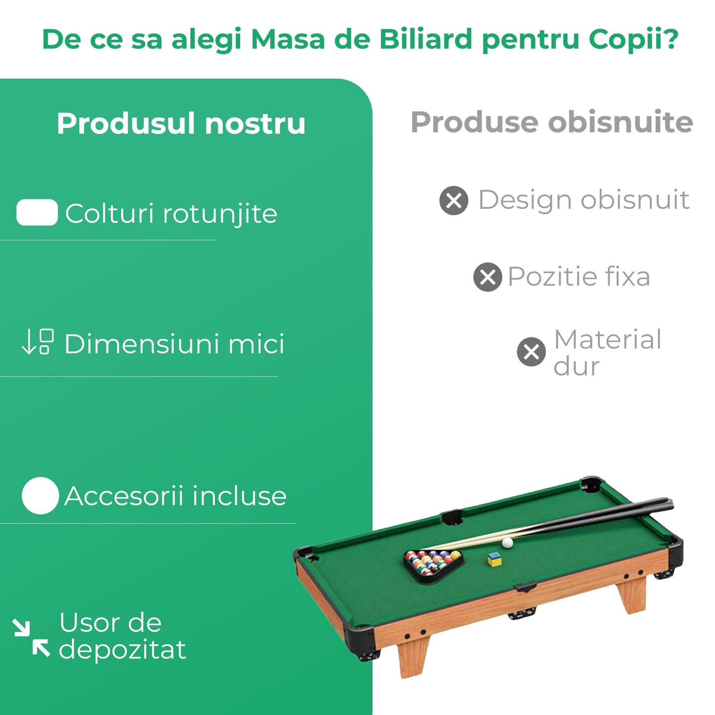 Masa de Biliard Mini Timebox – Joc Interactiv din Lemn pentru Copii si Familie, Design Compact cu Colturi Rotunjite, Accesorii Incluse (Taco, Bile, Triunghi, Creta), Ideala pentru Casa sau Cadou, Maro