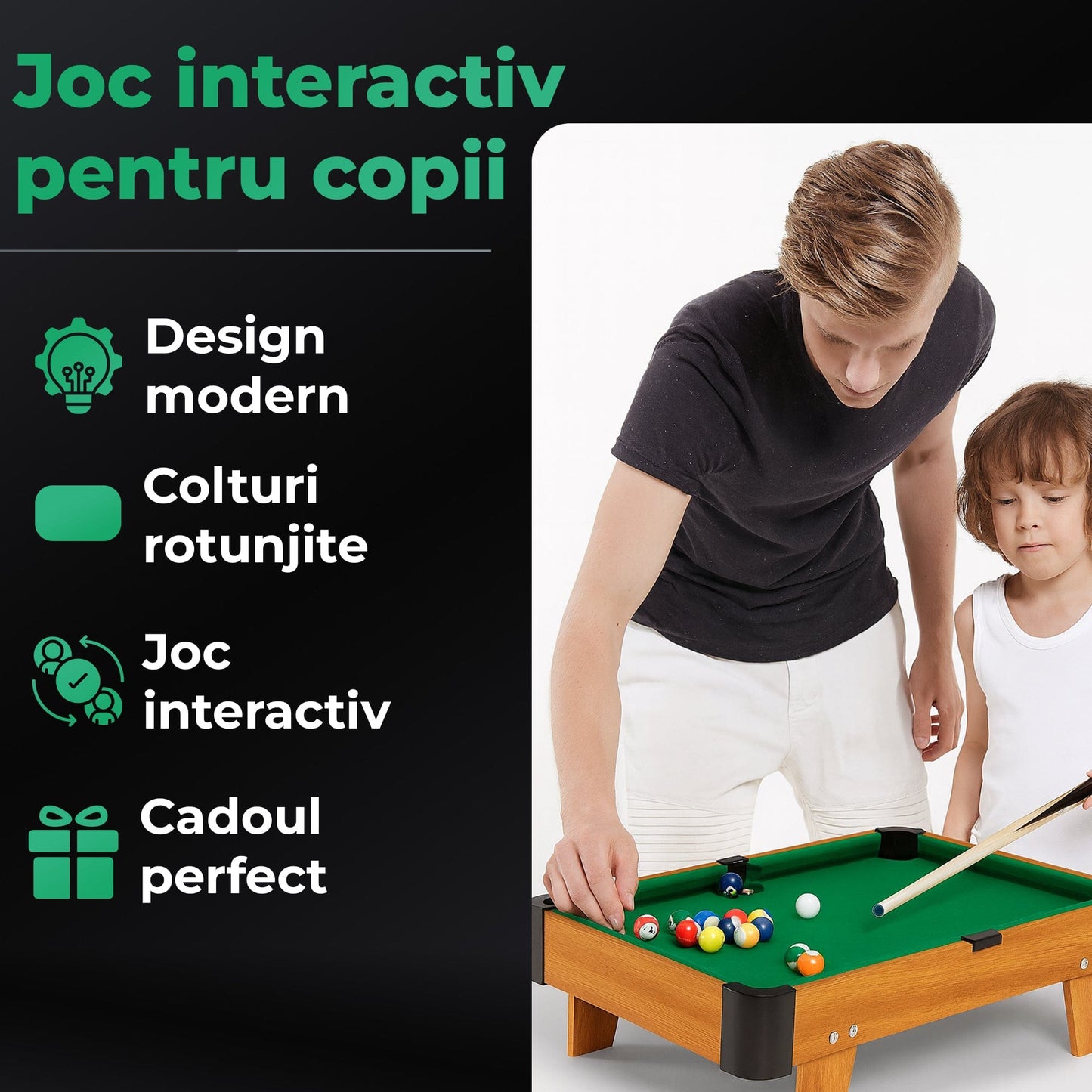 Masa de Biliard Mini Timebox – Joc Interactiv din Lemn pentru Copii si Familie, Design Compact cu Colturi Rotunjite, Accesorii Incluse (Taco, Bile, Triunghi, Creta), Ideala pentru Casa sau Cadou, Maro