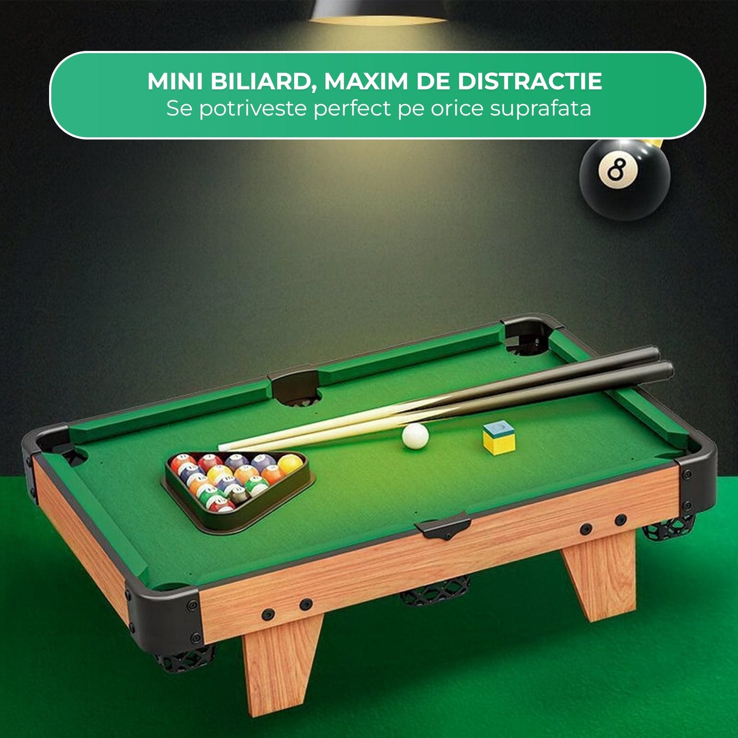 Masa de Biliard Mini Timebox – Joc Interactiv din Lemn pentru Copii si Familie, Design Compact cu Colturi Rotunjite, Accesorii Incluse (Taco, Bile, Triunghi, Creta), Ideala pentru Casa sau Cadou, Maro
