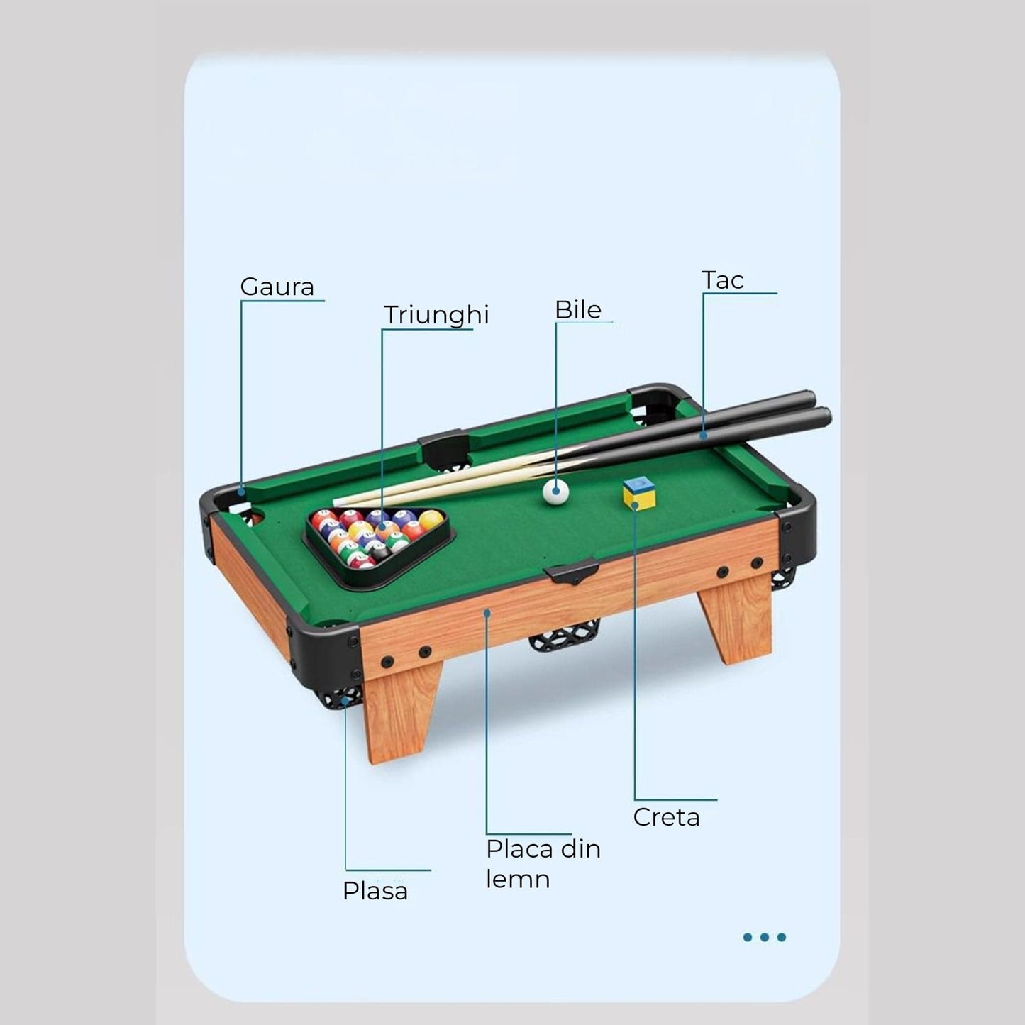 Masa de Biliard Mini Timebox – Joc Interactiv din Lemn pentru Copii si Familie, Design Compact cu Colturi Rotunjite, Accesorii Incluse (Taco, Bile, Triunghi, Creta), Ideala pentru Casa sau Cadou, Maro