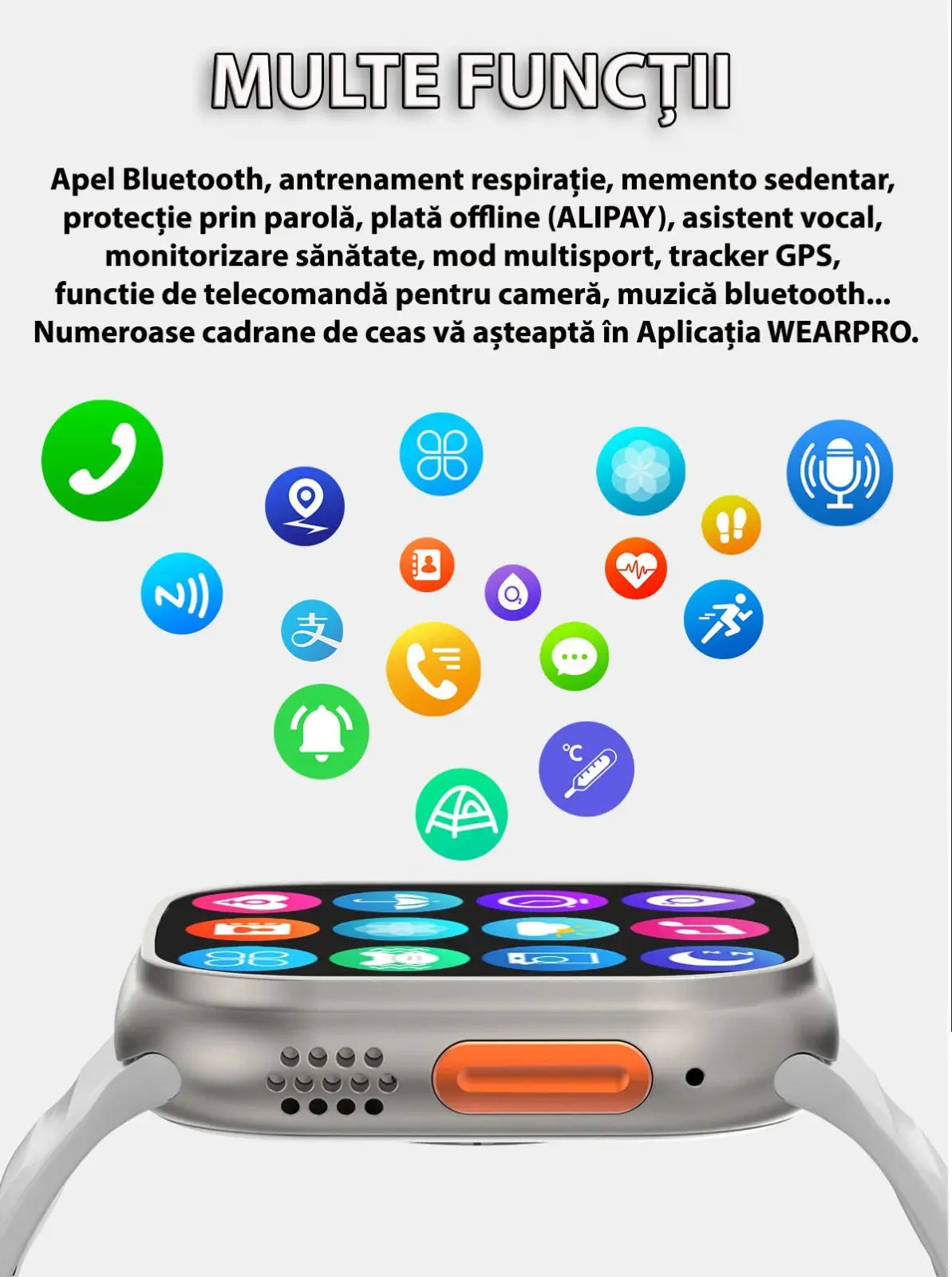 Smartwatch Ultra Plus 2.1" cu Apel Bluetooth, Monitorizare Sănătate (Ritm Cardiac, Oximetru, Somn, Calorii), 150+ Moduri Sport, Încărcare Wireless, rezistent, iOS & Android