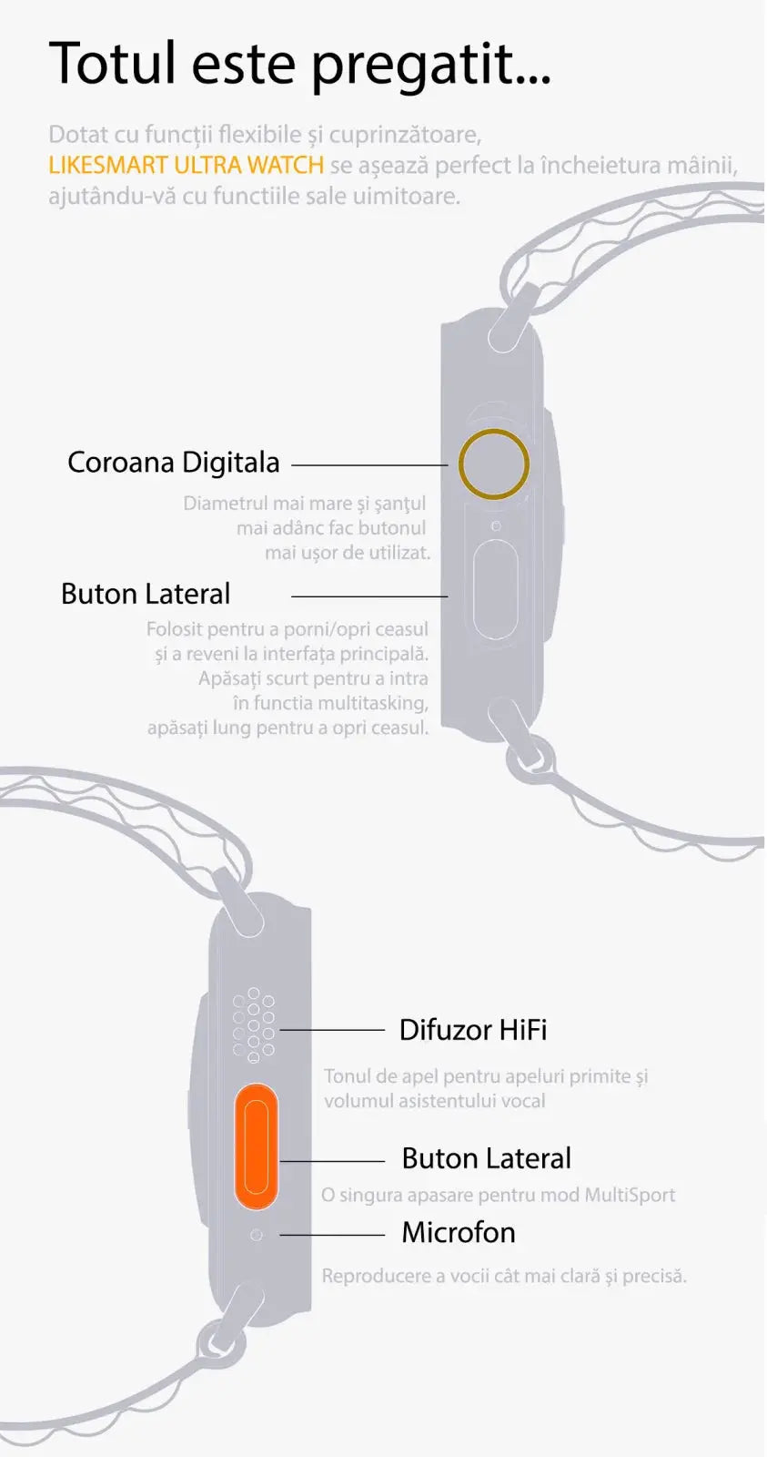 Smartwatch Ultra Plus 2.1" cu Apel Bluetooth, Monitorizare Sănătate (Ritm Cardiac, Oximetru, Somn, Calorii), 150+ Moduri Sport, Încărcare Wireless, rezistent, iOS & Android