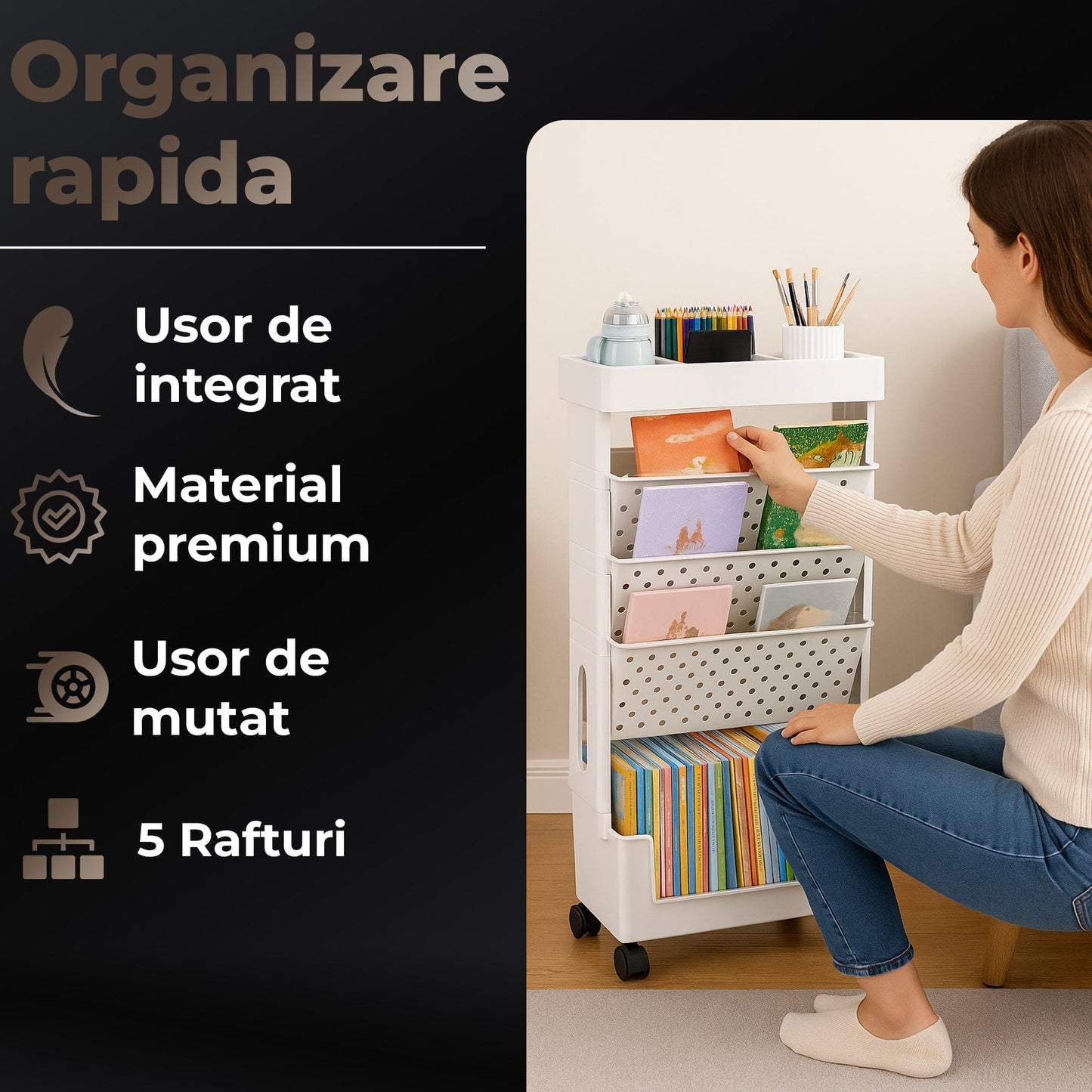 Etajera Multifunctionala cu 5 Rafturi pe Roti – Suport Mobil pentru Carti, Birou, Machiaj sau Bucatarie, Design Modern Fara Gaurire, Ideala pentru Camera, Clasa sau Dormitor, Gri