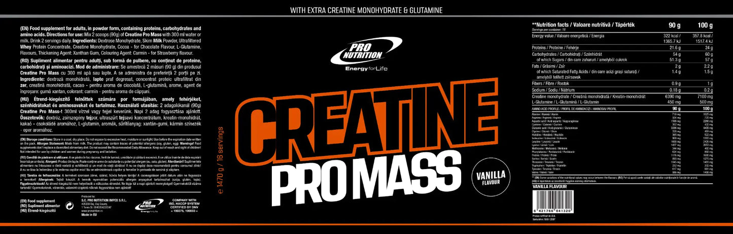 Creatine Pro Mass Supliment Pentru Recuperare Accelerată 1470g - Vanilie