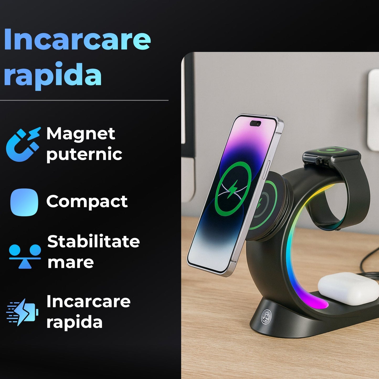 Incarcator Wireless Timebox, 3 In 1, Fast Charge 15W, Magsafe, Compatibil cu iPhone, Android, Samsung, Airpods, Apple Watch, Huawei, Xiaomi, Lumini RGB