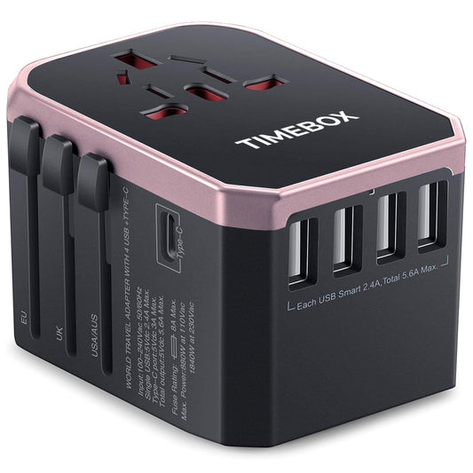 Adaptor incarcator universal priza de calatorie, 4 x USB, 1 x Type-C pentru US, UK, EU, Australia, Asia, Rose Gold