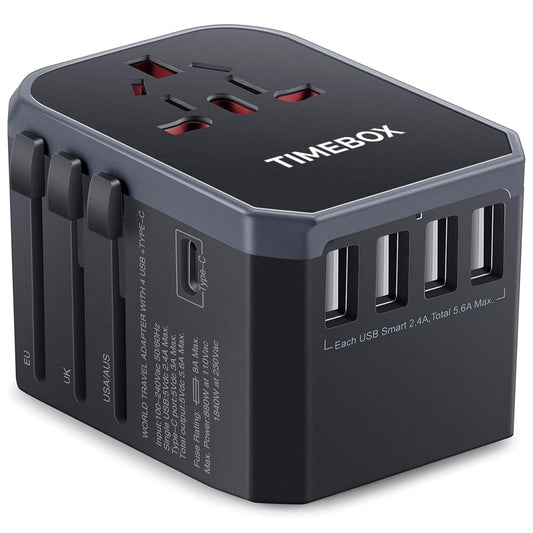 Adaptor incarcator universal priza de calatorie, 4 x USB, 1 x Type-C pentru US, UK, EU, Australia, Asia, Silver Grey