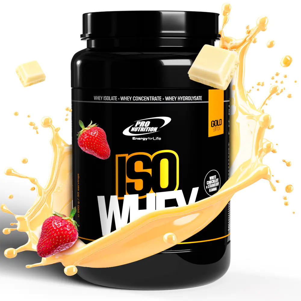 Iso Whey Gold - Concentrat, Izolat, Hidrolizat +82% Proteine - White Chocolate Strawberry 900g