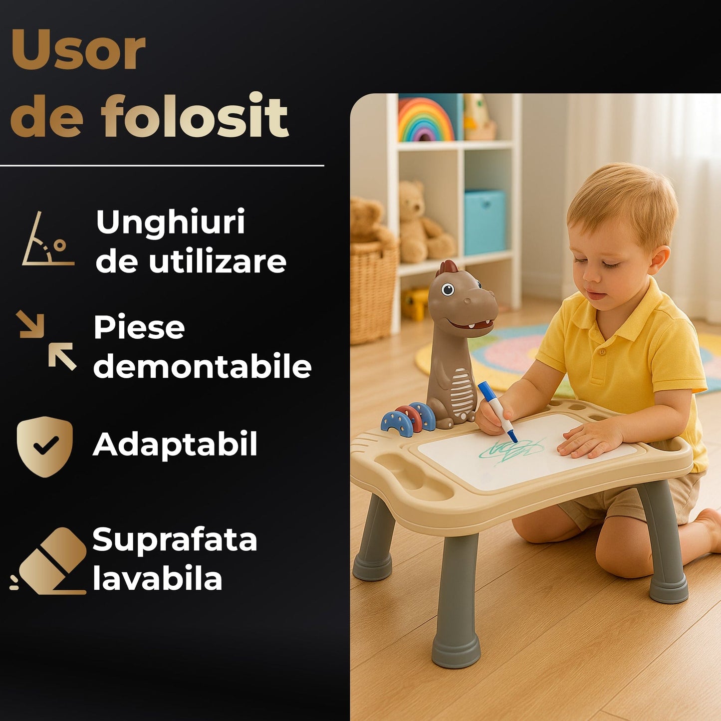 Masa interactiva de desen pentru copii cu model dinozaur, Tabla magnetica lavabila, Unghi ajustabil (plat/inclinat), Picioare demontabile, Discuri cu sabloane rotative, Markere color incluse, Durabil, Maro/Alb