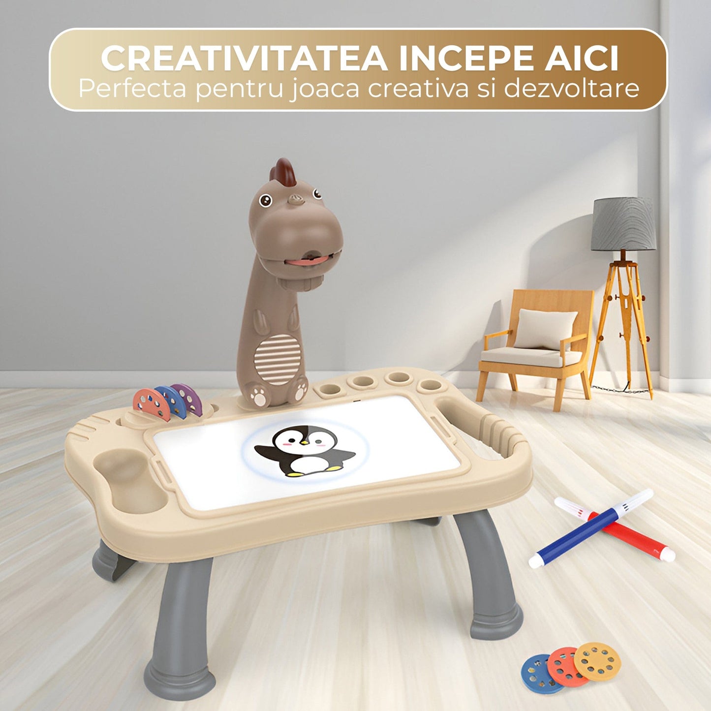 Masa interactiva de desen pentru copii cu model dinozaur, Tabla magnetica lavabila, Unghi ajustabil (plat/inclinat), Picioare demontabile, Discuri cu sabloane rotative, Markere color incluse, Durabil, Maro/Alb