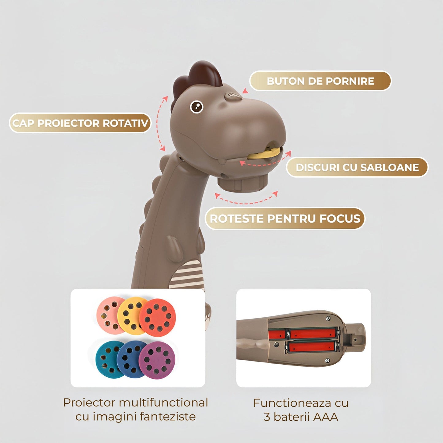 Masa interactiva de desen pentru copii cu model dinozaur, Tabla magnetica lavabila, Unghi ajustabil (plat/inclinat), Picioare demontabile, Discuri cu sabloane rotative, Markere color incluse, Durabil, Maro/Alb