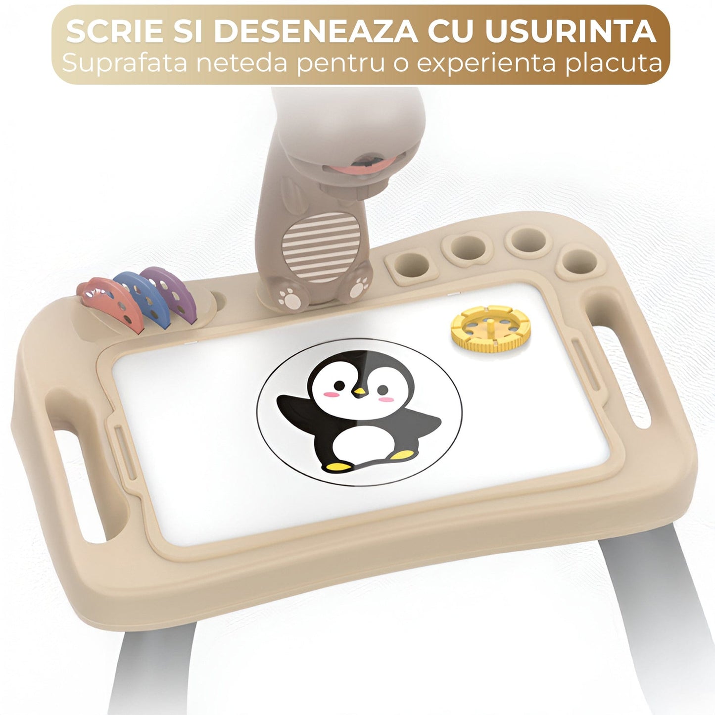 Masa interactiva de desen pentru copii cu model dinozaur, Tabla magnetica lavabila, Unghi ajustabil (plat/inclinat), Picioare demontabile, Discuri cu sabloane rotative, Markere color incluse, Durabil, Maro/Alb