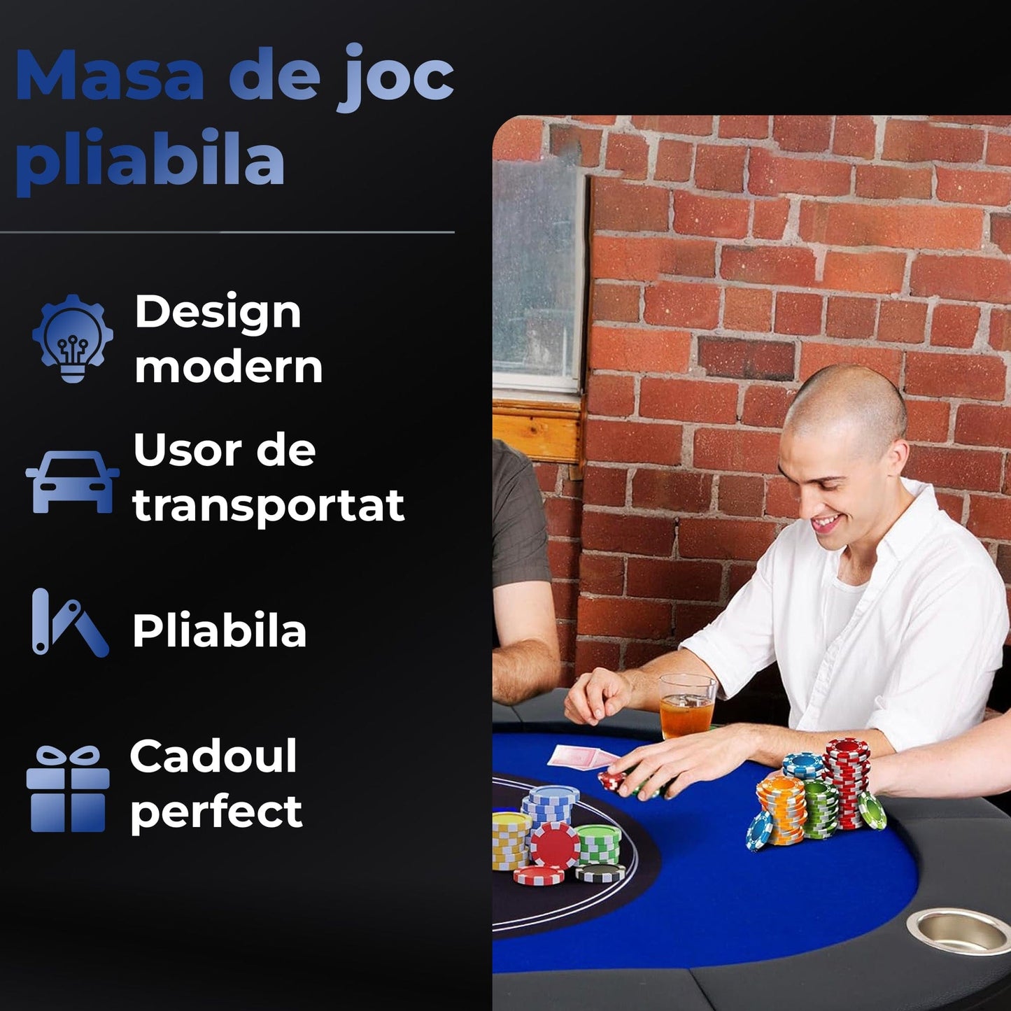 Masa de Poker Pliabila TimeBox – 8 Jucatori, Suport Pahare Integrat, Piele Moale & Margini Din Burete, Cadru Metalic Stabil, Portabila, Design Profesional Texas Hold’em, 180x90cm, Albastru