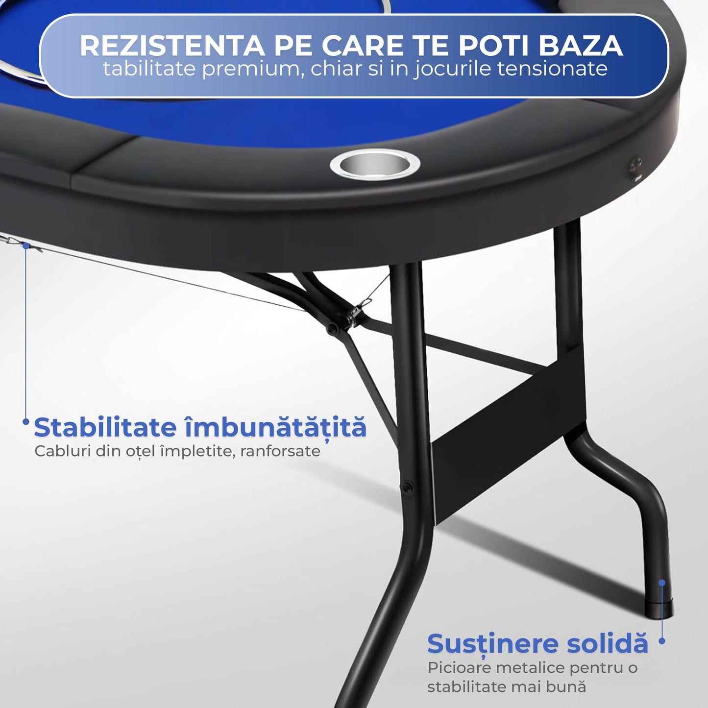 Masa de Poker Pliabila TimeBox – 8 Jucatori, Suport Pahare Integrat, Piele Moale & Margini Din Burete, Cadru Metalic Stabil, Portabila, Design Profesional Texas Hold’em, 180x90cm, Albastru
