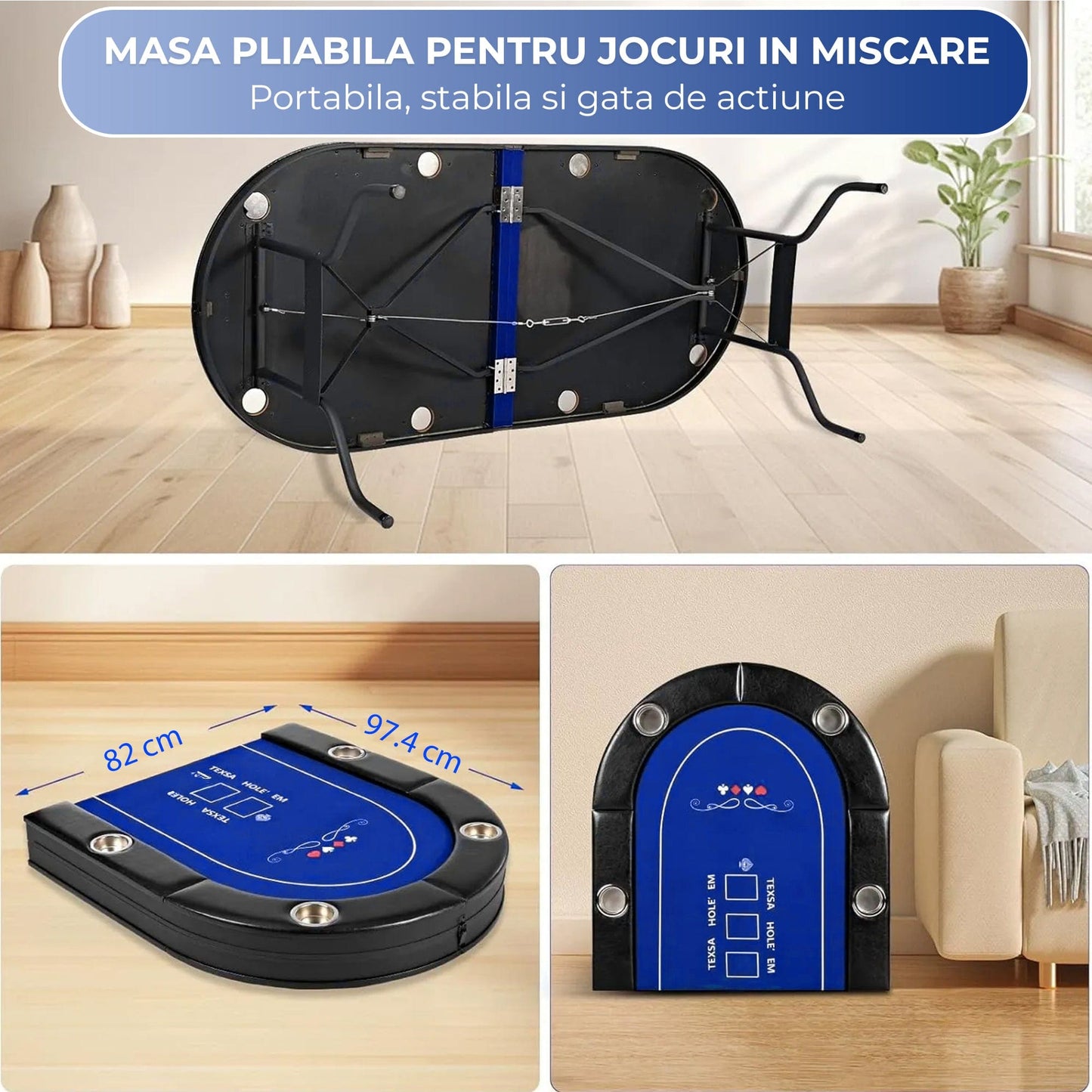 Masa de Poker Pliabila TimeBox – 8 Jucatori, Suport Pahare Integrat, Piele Moale & Margini Din Burete, Cadru Metalic Stabil, Portabila, Design Profesional Texas Hold’em, 180x90cm, Albastru