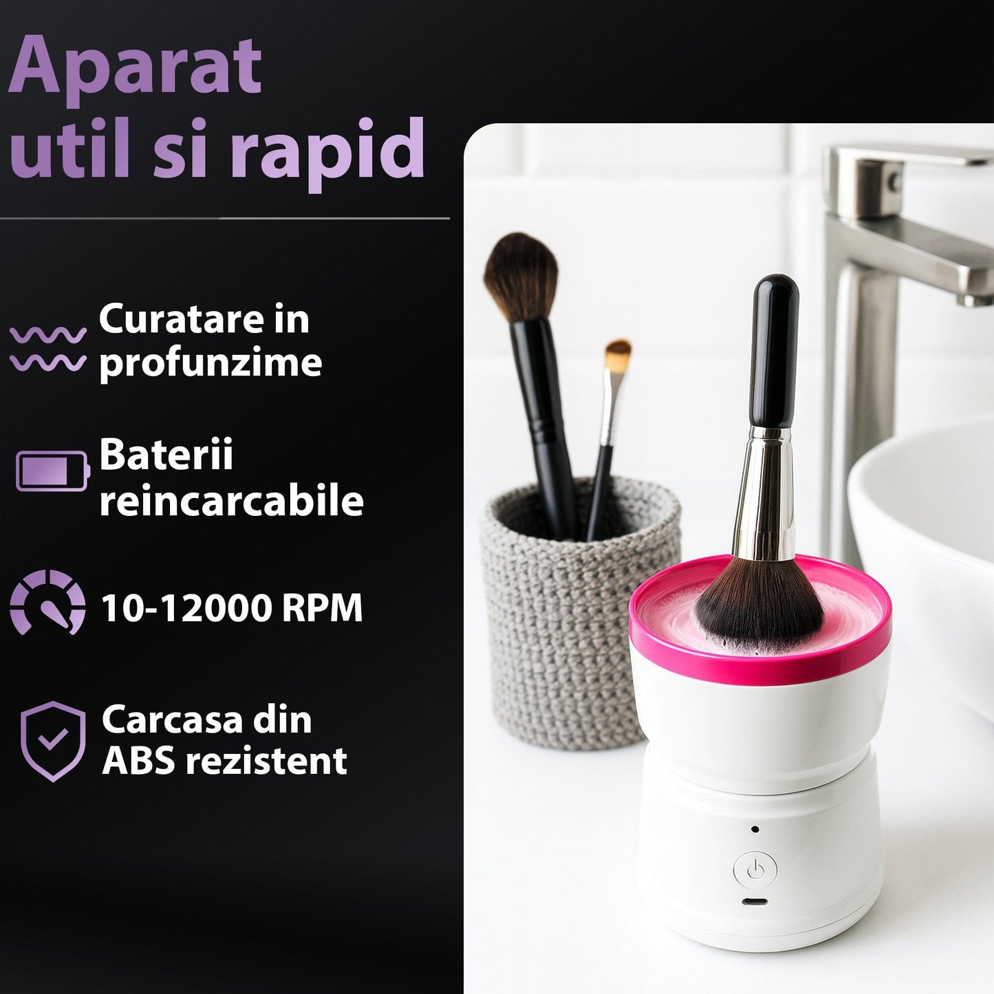 Aparat Electric de Curatare pentru Pensule de Machiaj - Reincarcabil USB, Portabil, Compatibil cu Toate Dimensiunile de Pensule, Ergonomic si Functionalitate pentru 1-8 pensule, Alb