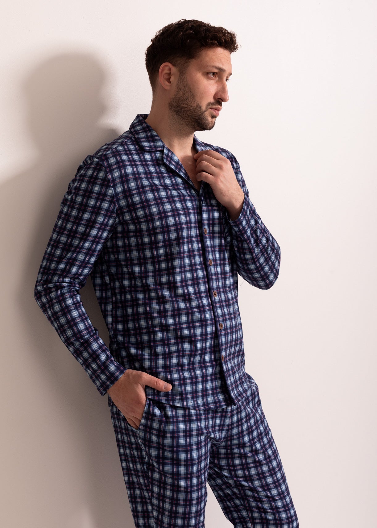 Pijama Bărbați Tartan Denim Bumbac