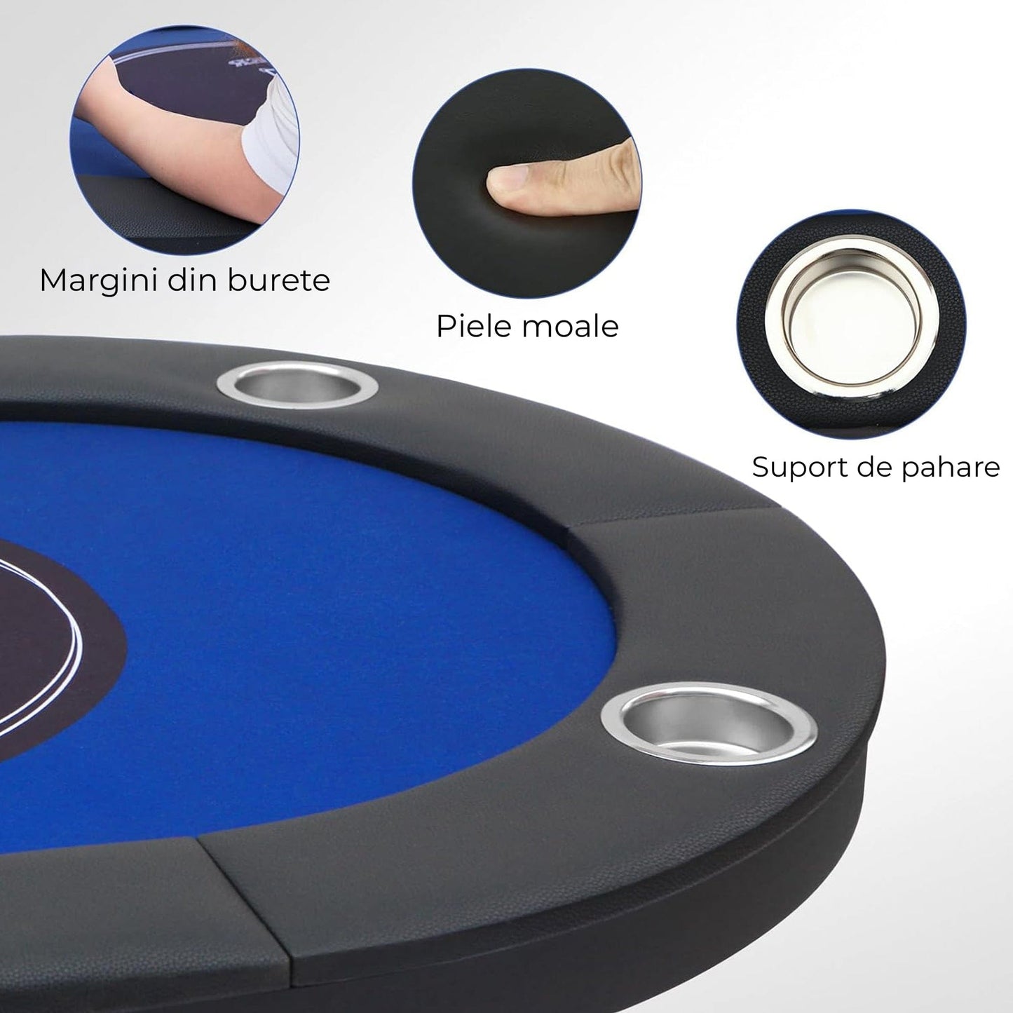 Masa de Poker Pliabila TimeBox – 8 Jucatori, Suport Pahare Integrat, Piele Moale & Margini Din Burete, Cadru Metalic Stabil, Portabila, Design Profesional Texas Hold’em, 180x90cm, Albastru