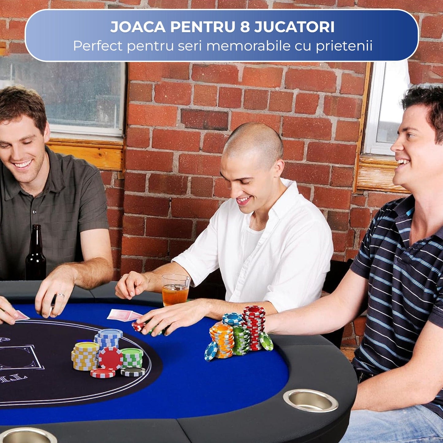 Masa de Poker Pliabila TimeBox – 8 Jucatori, Suport Pahare Integrat, Piele Moale & Margini Din Burete, Cadru Metalic Stabil, Portabila, Design Profesional Texas Hold’em, 180x90cm, Albastru