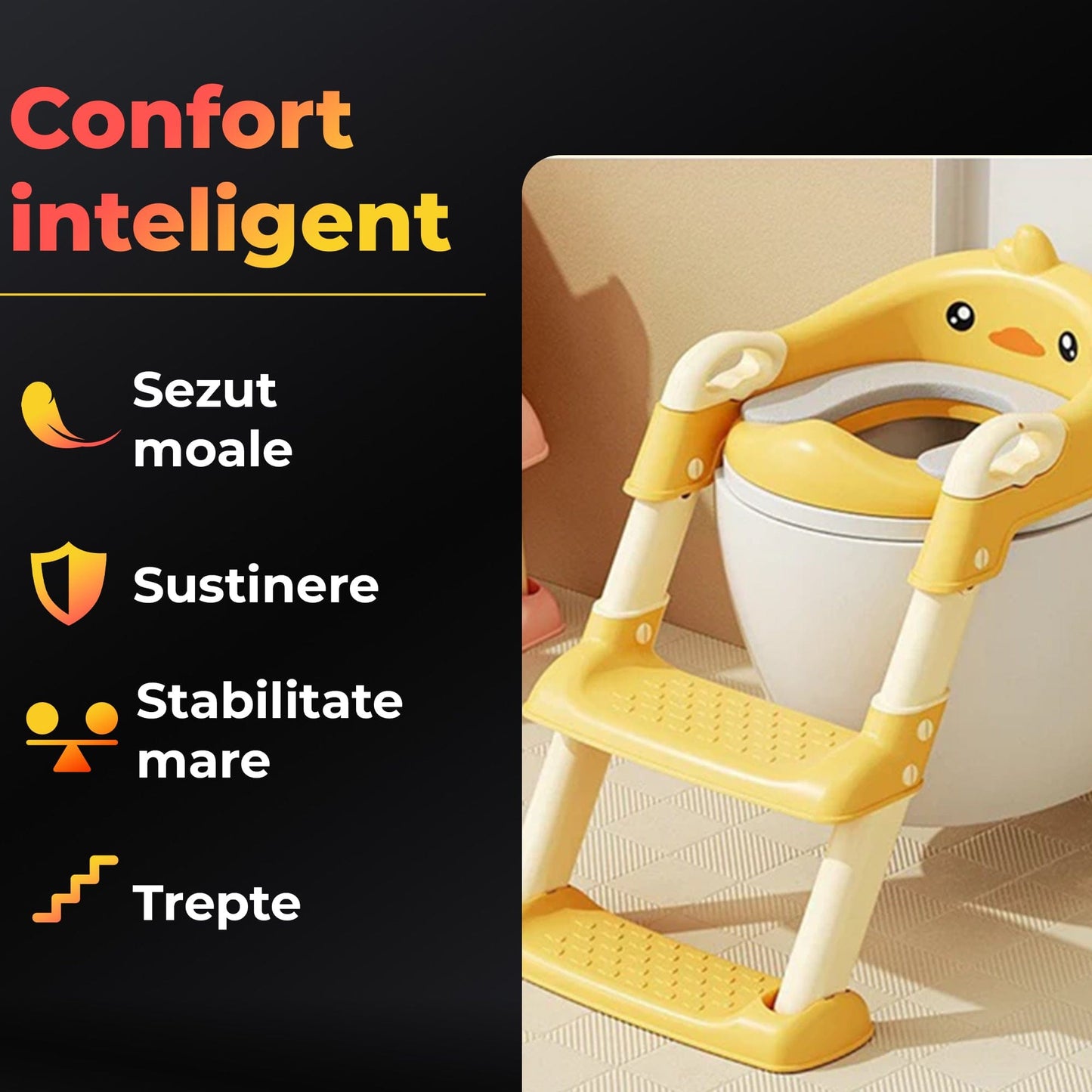 Reductor WC cu Treapta pentru Copii – Suport cu Scaunel si Manere, Design Amuzant, Pliabil, Material Ecologic, Potrivit pentru Baieti si Fetite, Confortabil si Sigur pentru Toaleta de Adult, Galben
