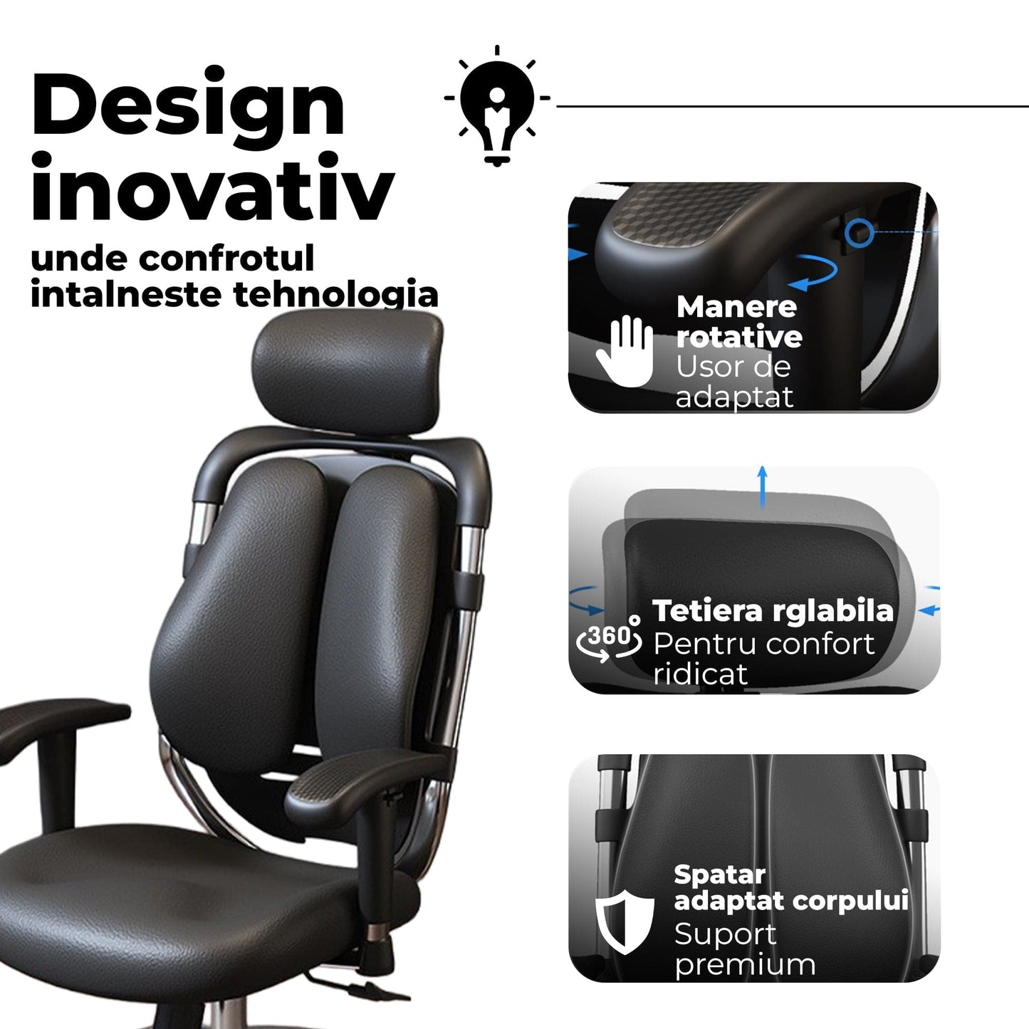 Scaun Ergonomic de Birou Timebox – Design Bi-Spine Inteligent, Tetiera Reglabila 3D, Suport Lombar, Cotiere 3D, Spatar Din Piele Premium si Cadru Metalic, Manere Rotative, Negru