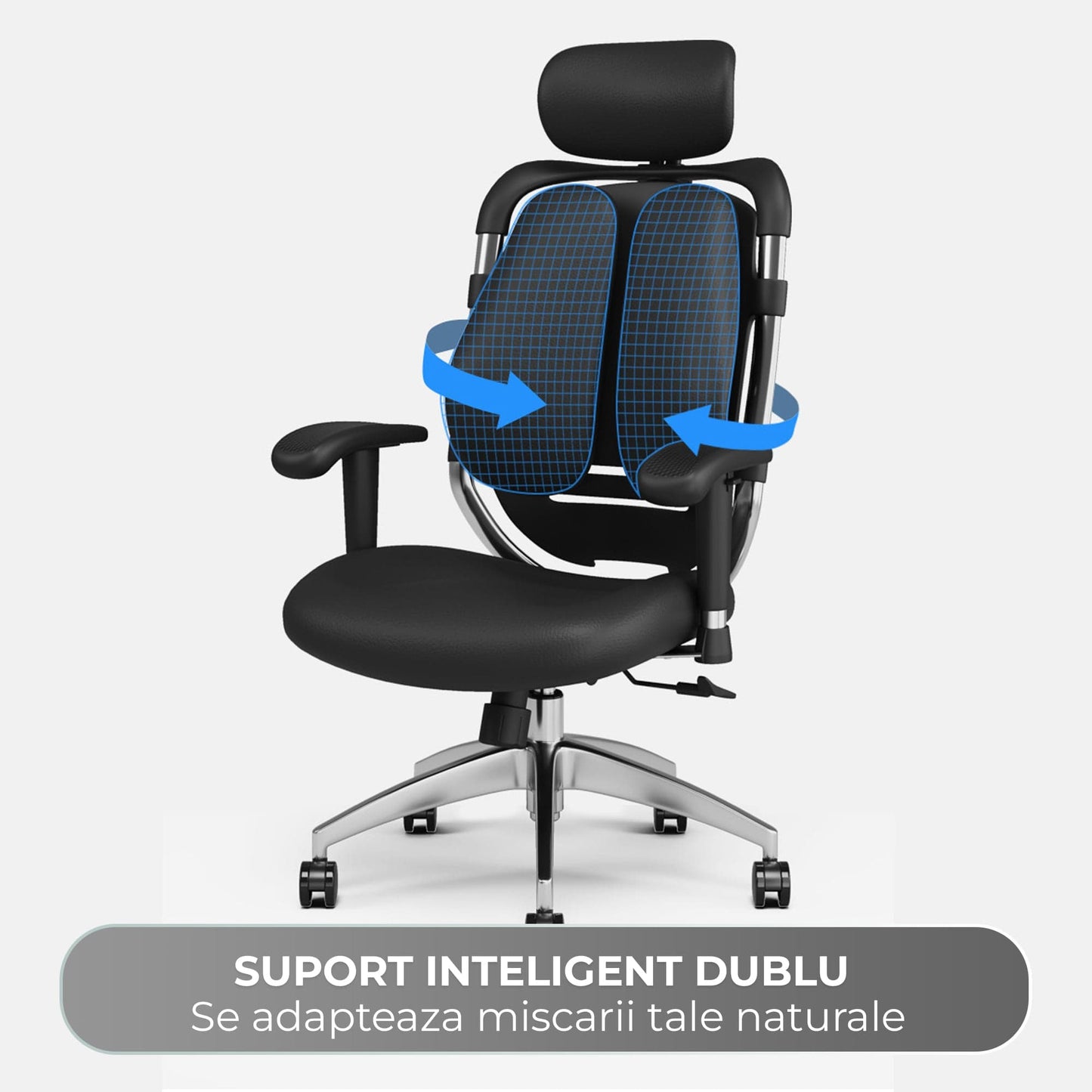 Scaun Ergonomic de Birou Timebox – Design Bi-Spine Inteligent, Tetiera Reglabila 3D, Suport Lombar, Cotiere 3D, Spatar Din Piele Premium si Cadru Metalic, Manere Rotative, Negru